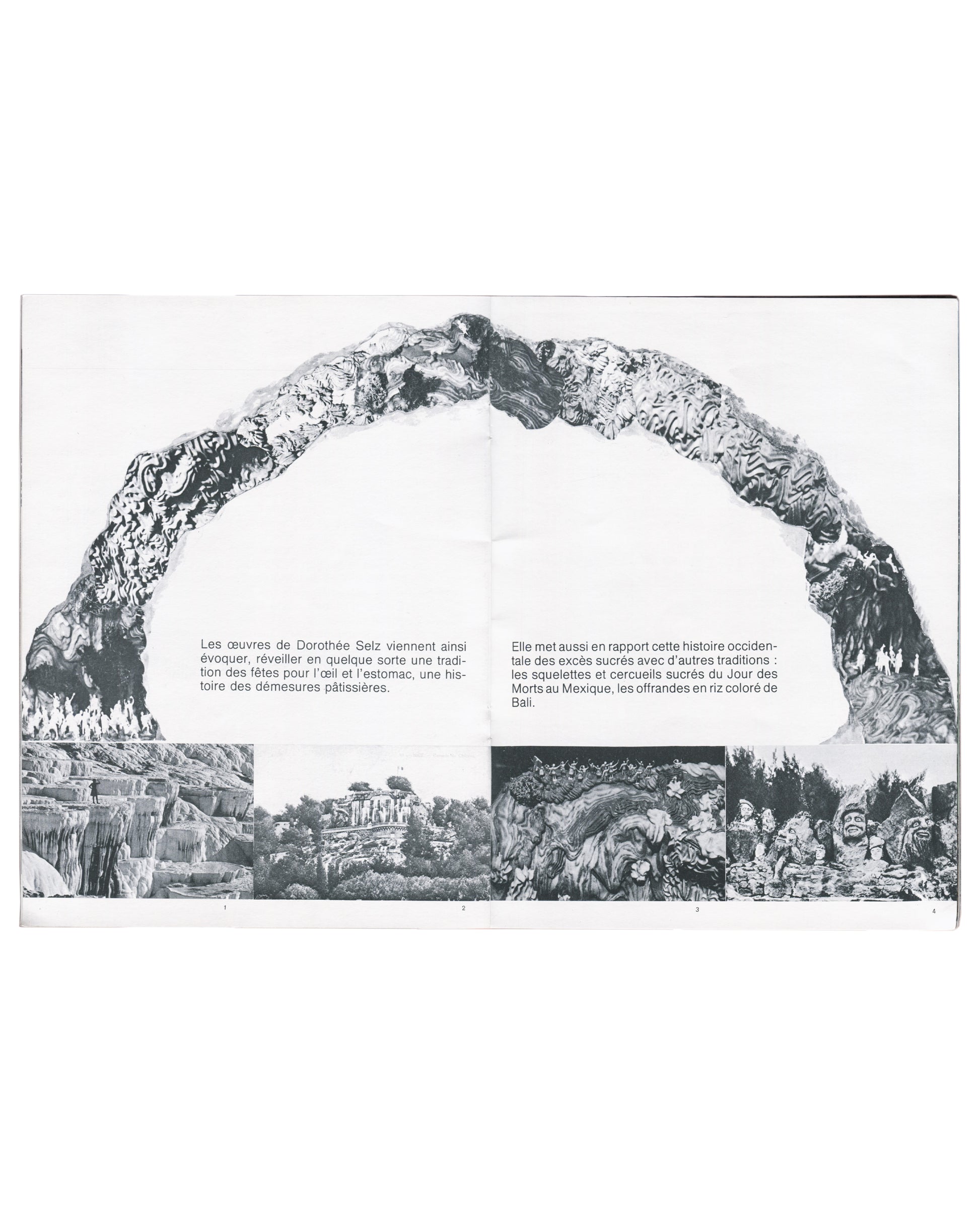 Dorothée Selz 1980, interior: b&w arch of sugar sculpture spanning spread; French text on sugar traditions, Día de Muertos, Bali; four landscape photos below