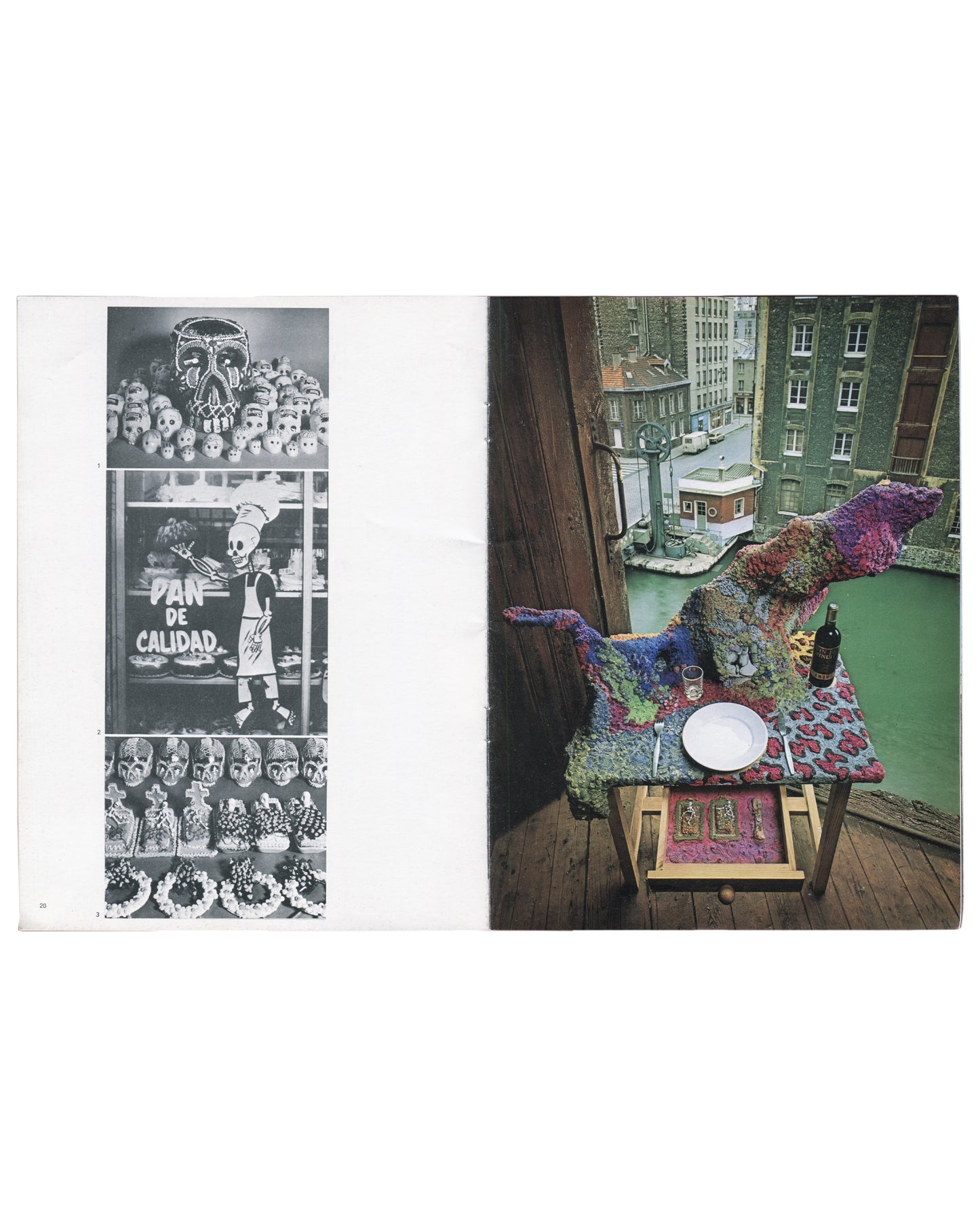Dorothée Selz 1980, interior: three b&w photos of Día de Muertos sugar skulls and Pan de Calidad bakery left; colour sugar animal sculpture, canal view right