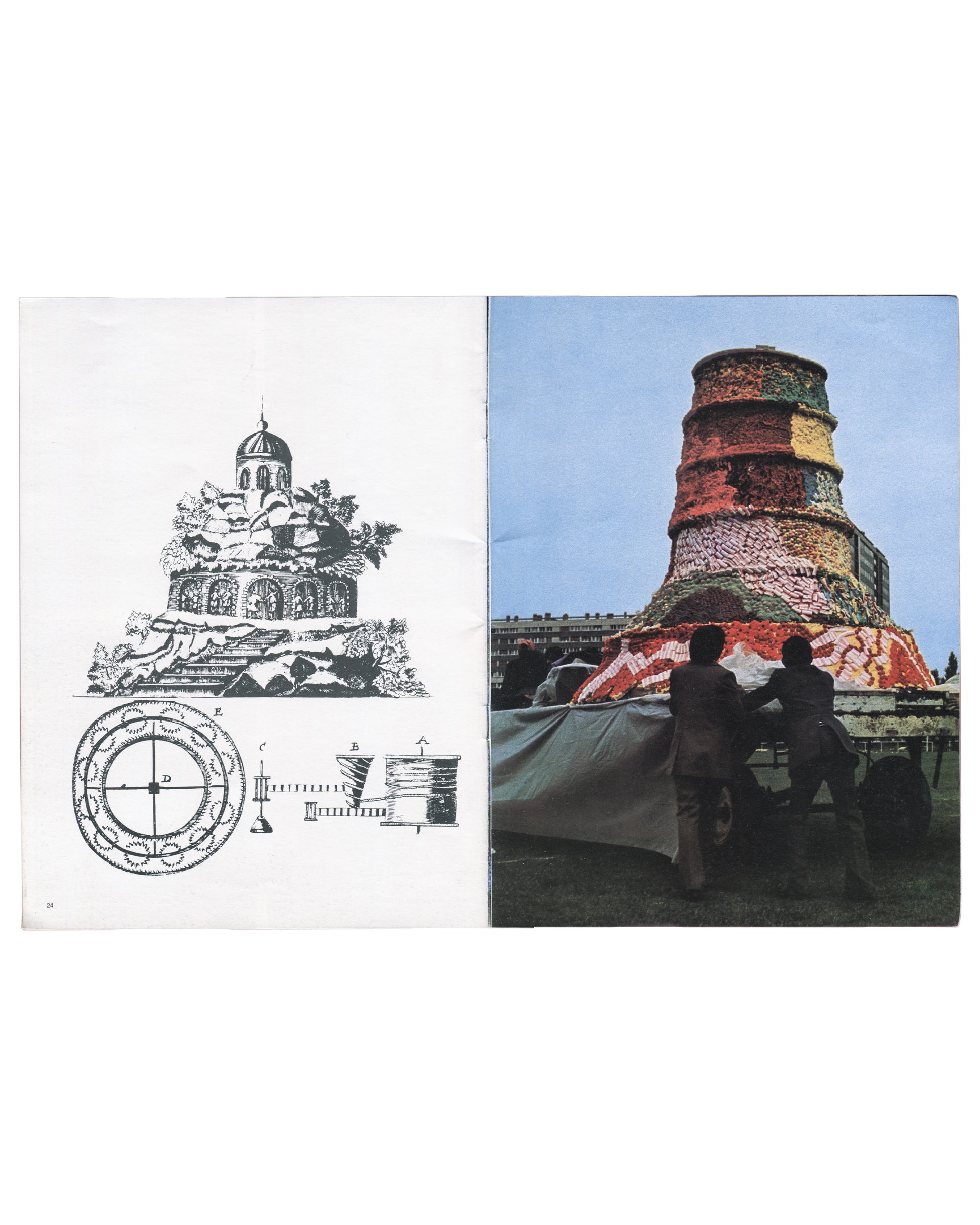 Dorothée Selz 1980, interior: Les Mondes sucrés — four b&w sugar landscape details left; colour photo of sugar table sculpture on balcony, canal below right