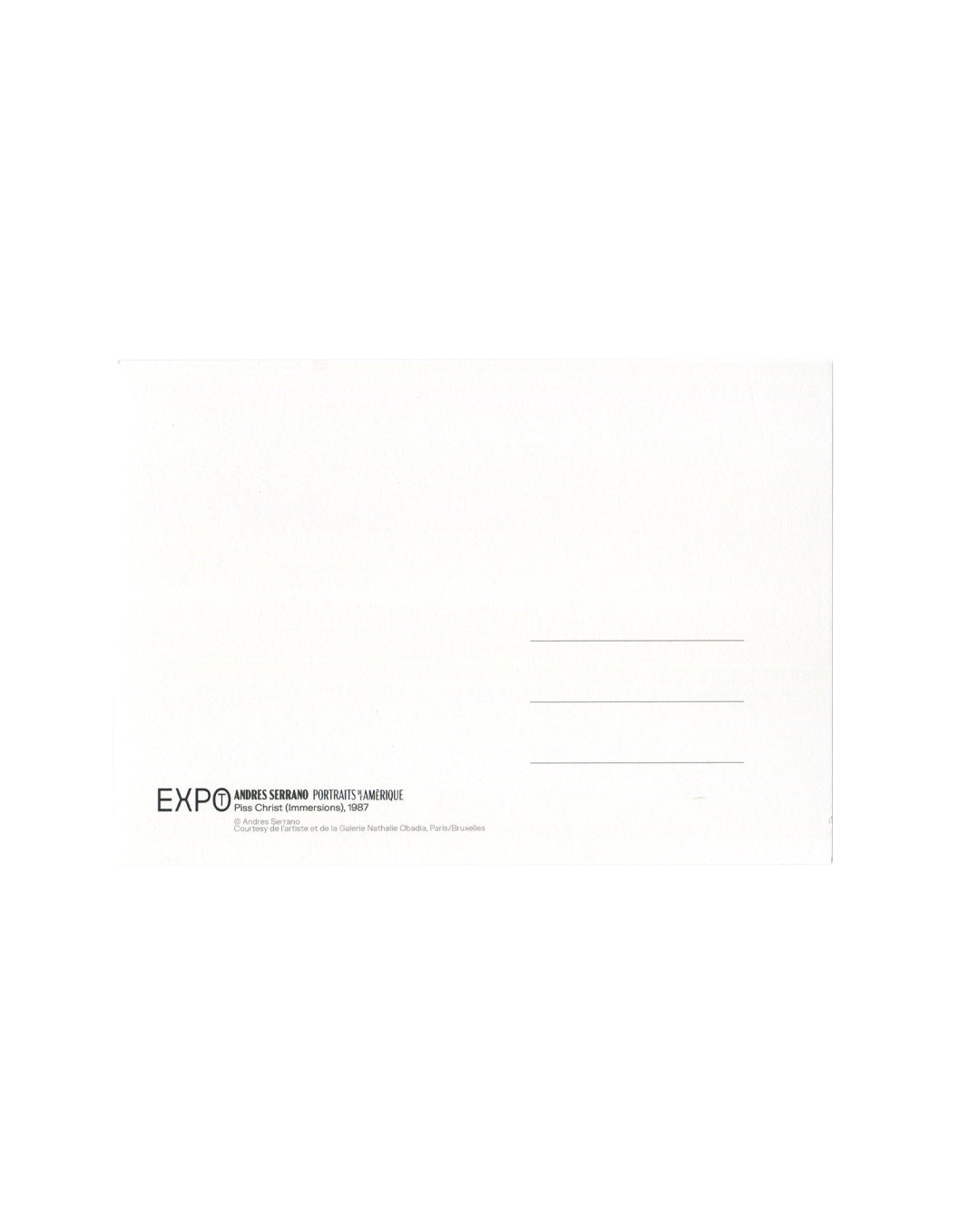 Reverse of Andres Serrano exhibition postcard issued for *Portraits d’Amérique*, Galerie Nathalie Obadia Paris–Brussels, with exhibition and copyright details printed on white card stock.