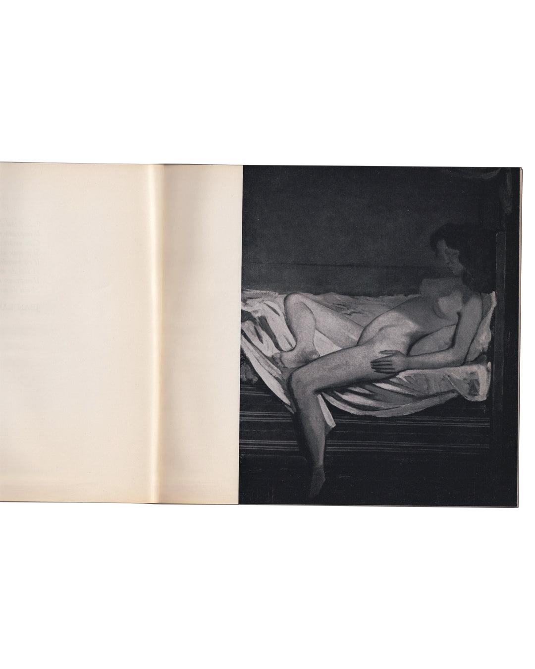 Interior spread, Seul, et le corps…, Galerie du Dragon, Paris, 1966. Black-and-white reproduction of a painting by Balthus: reclining female figure on a daybed or sofa, partially draped, dark atmospheric interior. Catalogue open flat, printed on cream paper.