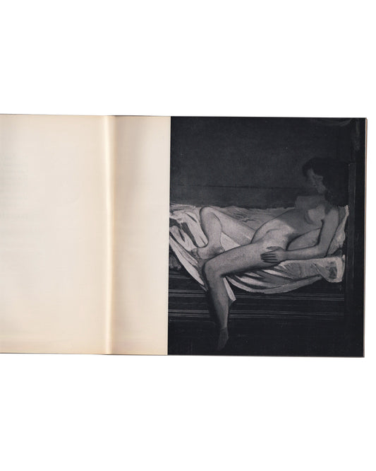  Interior spread from Seul, et le corps…, Galerie du Dragon, Paris, c.1966, right page showing a black-and-white reproduction of a painting by Balthus: a reclining female nude on a daybed or sofa, her body loosely arranged across rumpled white fabric, legs extended and slightly raised, the head turned away or obscured in shadow, the composition rendered in Balthus's characteristic flattened, classical figuration against a dark background.
