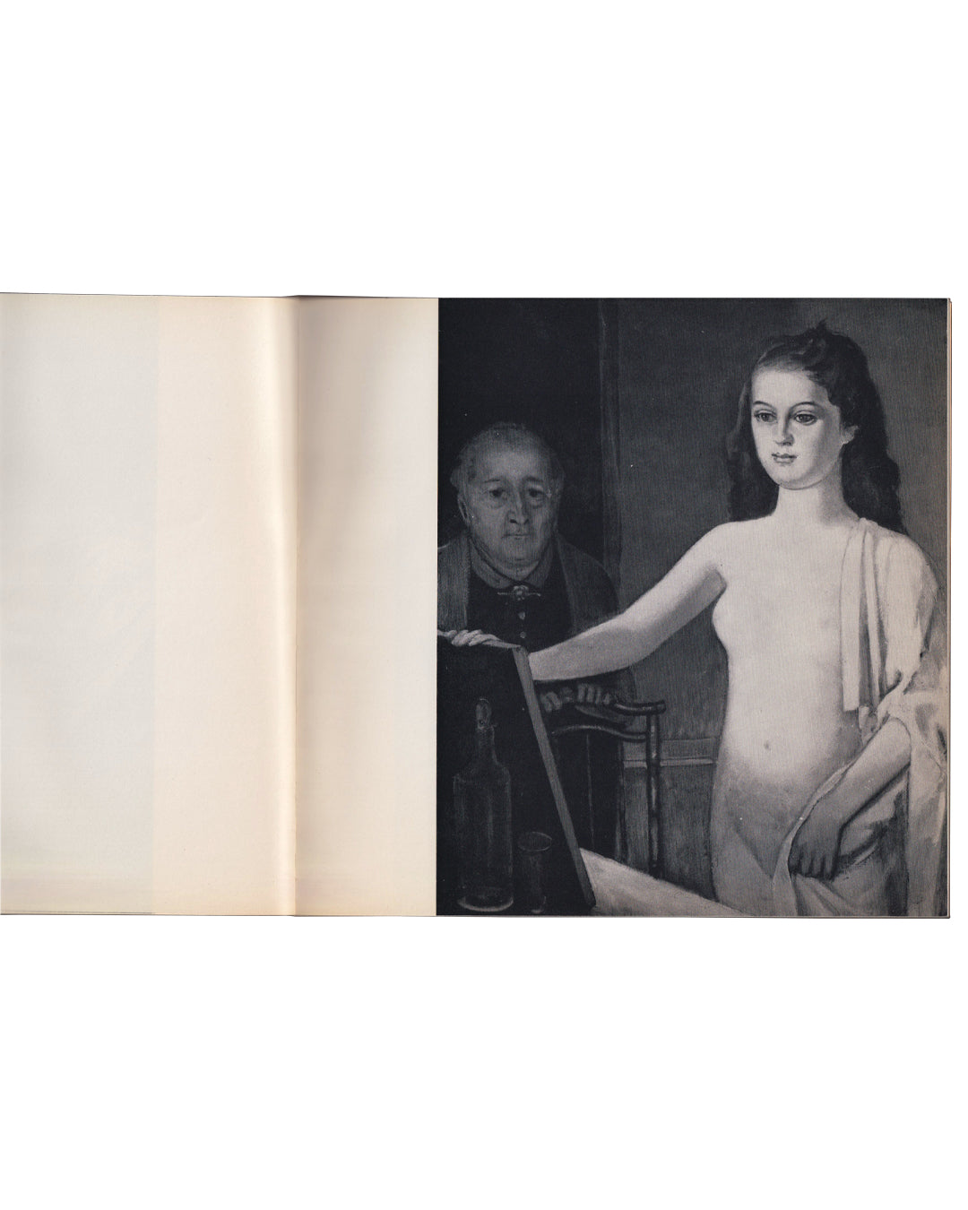  Interior spread from Seul, et le corps…, Galerie du Dragon, Paris, c.1966, right page showing a black-and-white reproduction of a painting by Balthus: a standing adolescent female nude facing the viewer, her dark hair loose, a white cloth draped over one shoulder, her arm resting on the back of a chair, while an older male figure in dark clothing stands behind her in the shadowed background, the composition recalling Balthus's characteristic staging of the female body under an observing gaze in an interior
