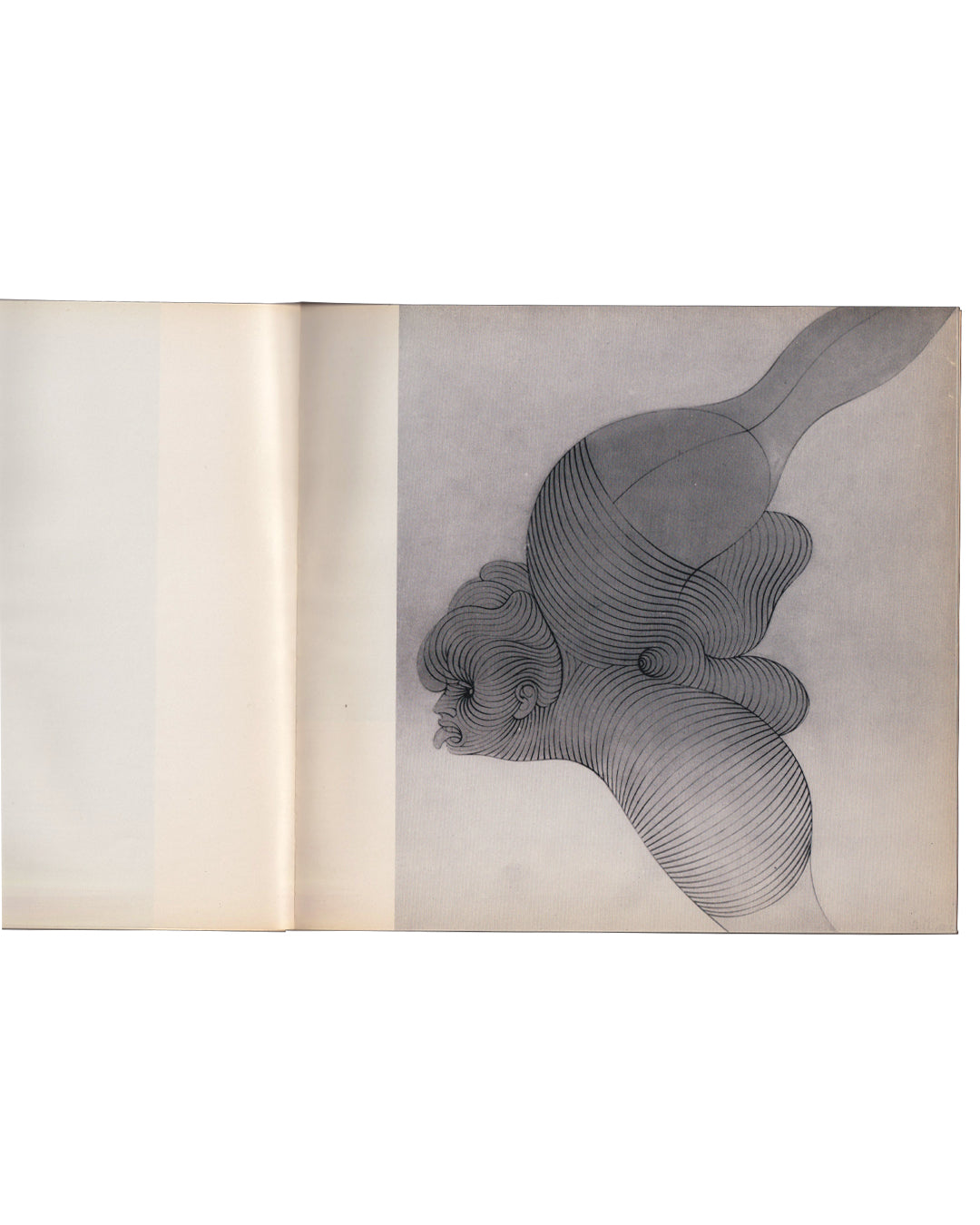`Interior spread, Seul, et le corps…, Galerie du Dragon, Paris, 1966. Black-and-white reproduction of a drawing by Hans Bellmer: female figure rendered in dense parallel contour lines, body fragmented and folded into an ambiguous, compressed form. Head visible at lower left, limbs dissolving into abstract mass. Catalogue open flat, printed on cream paper.`
