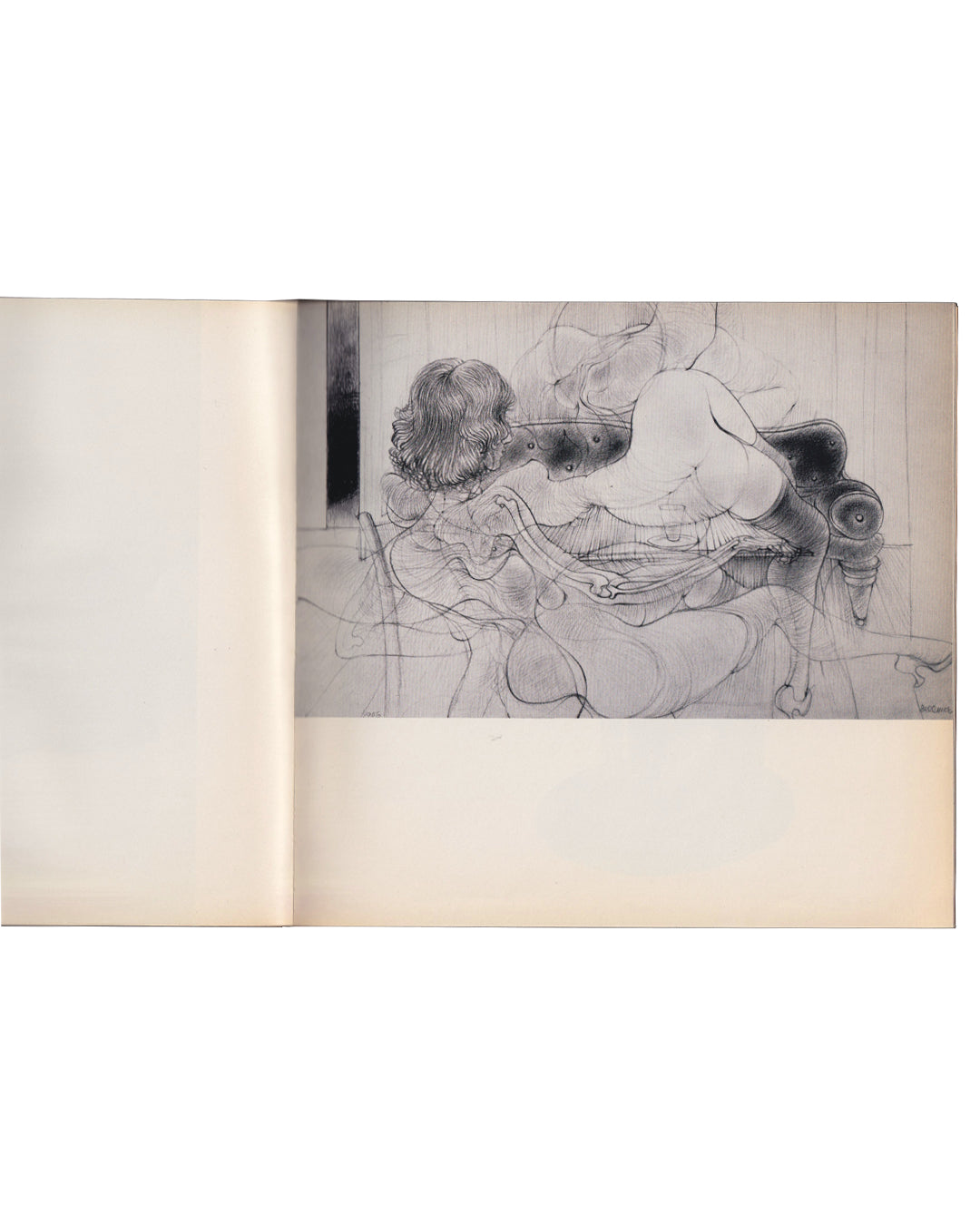  Interior spread from Seul, et le corps…, Galerie du Dragon, Paris, c.1966, right page showing a black-and-white reproduction of a drawing by Hans Bellmer, rendered in his characteristic dense, obsessive ink line, depicting distorted and multiplied female bodily forms with the anatomical displacement and erotic charge that defines his doll-body imagery.