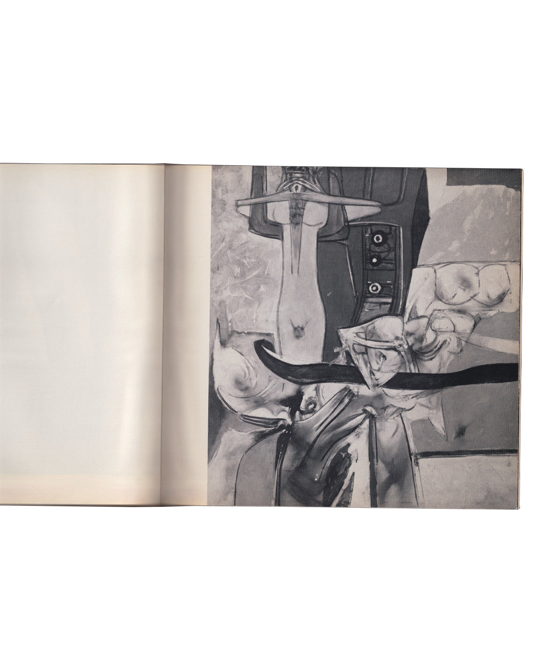 Interior spread, Seul, et le corps…, Galerie du Dragon, Paris, 1966. Black-and-white reproduction of a painting by Roberto Matta: densely composed interior space with fragmented figurative and mechanical forms — a central torso-like vertical element, sweeping curved planes, and clustered organic masses. Surrealist spatial pressure throughout. Catalogue open flat, printed on cream paper.