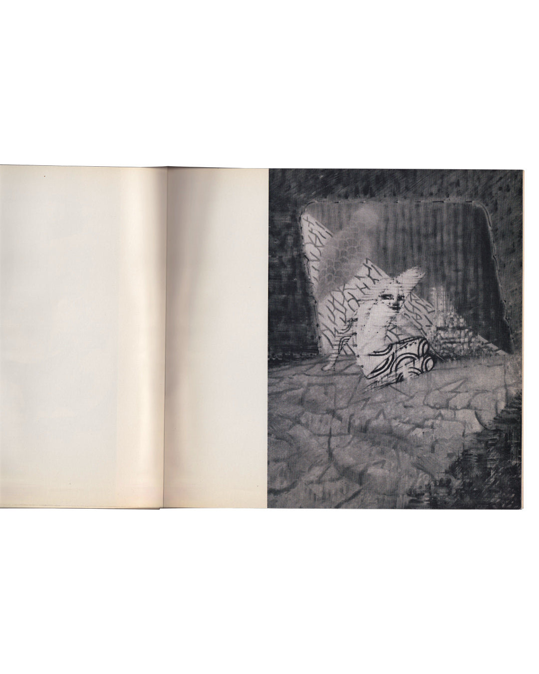 Interior spread, Seul, et le corps…, Galerie du Dragon, Paris, 1966. Black-and-white reproduction of The Sphinx, 1960, by Irving Petlin: a crouching figure rendered in gestural drawn marks overlaid on a dark painted interior, the form emerging from and dissolving into the atmospheric ground. Catalogue open flat, printed on cream paper.