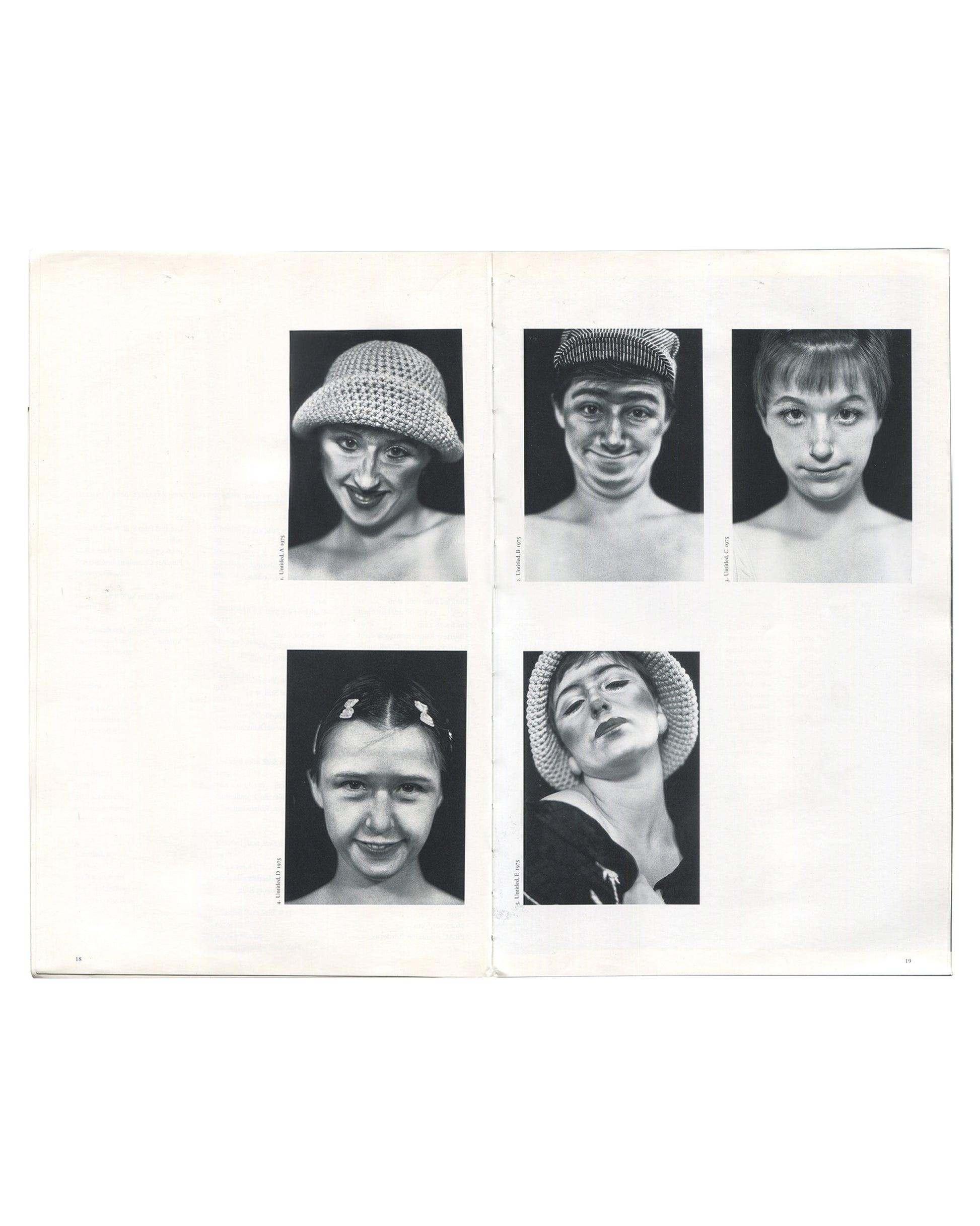 Cindy Sherman, 1997 catalogue, interior pp.14–15: five b&w early character studies, 1975 — Sherman in hats and wigs, varied expressions, portrait format
I
