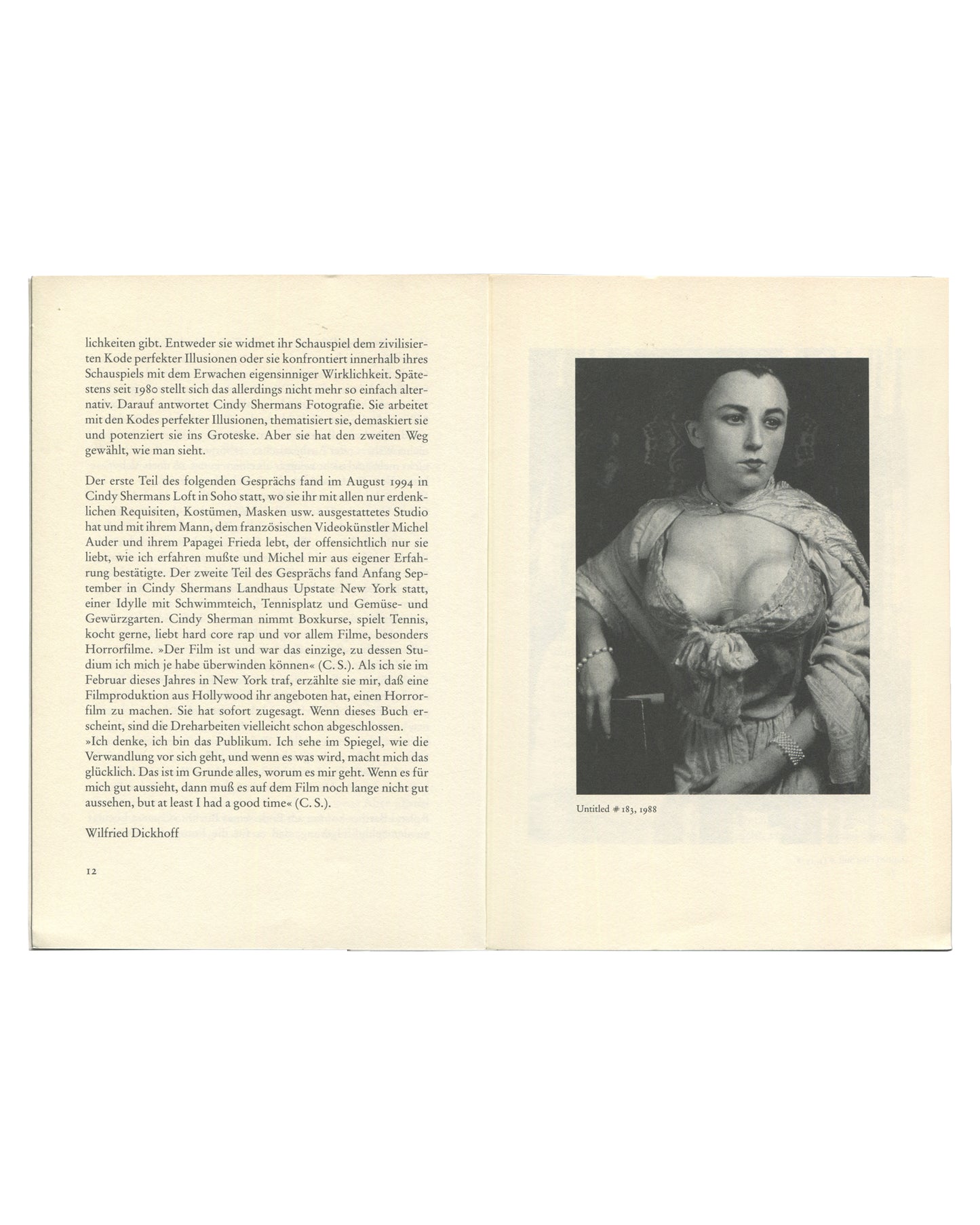 Cindy Sherman, Kunst heute Nr. 14, 1995, interior pp.12–13: Dickhoff interview text, b&w Untitled #183, 1988 — Sherman in period costume, décolletage, pearls