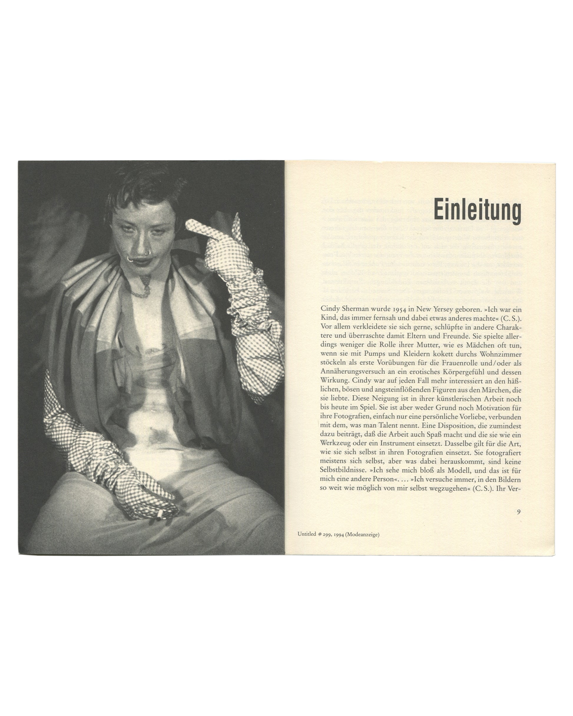 Cindy Sherman, Kunst heute Nr. 14, 1995, interior: Einleitung text by Wilfried Dickhoff p.9, b&w Untitled #239, 1994 (Modeanzeige) — Sherman in clown costume with gloves