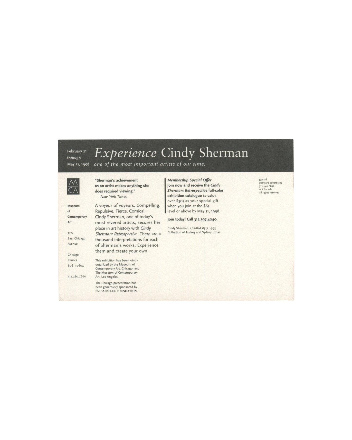 Reverse of 1998 Museum of Contemporary Art Chicago Cindy Sherman retrospective promotional postcard featuring exhibition information, membership offer text, and museum details.