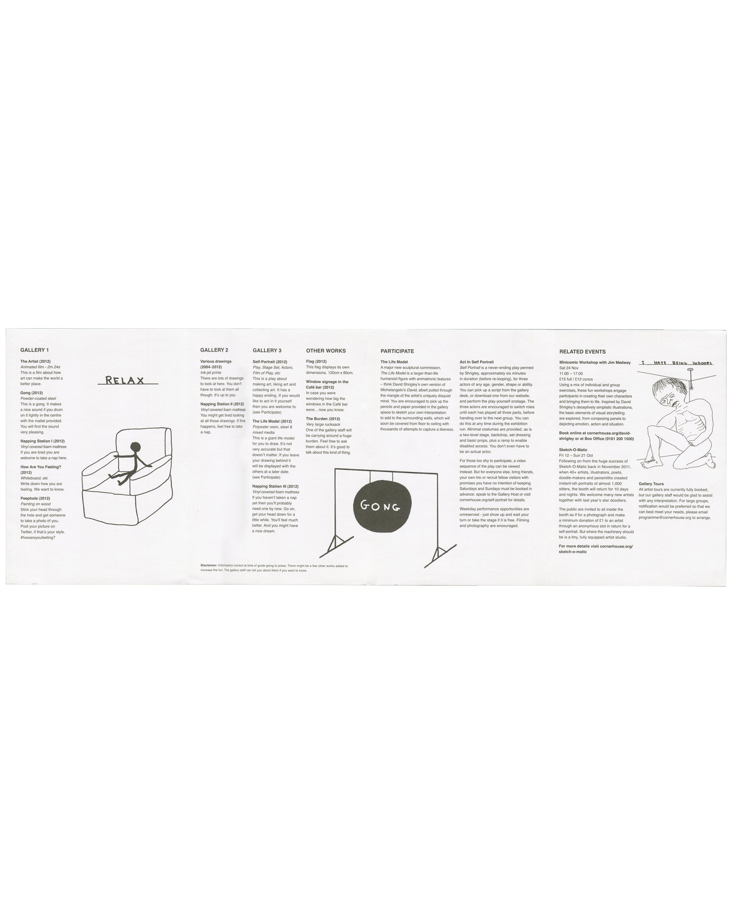 David Shrigley, How Are You Feeling?, 2012, unfolded interior: gallery guide — RELAX drawing, work descriptions, Gong image, participation and events text