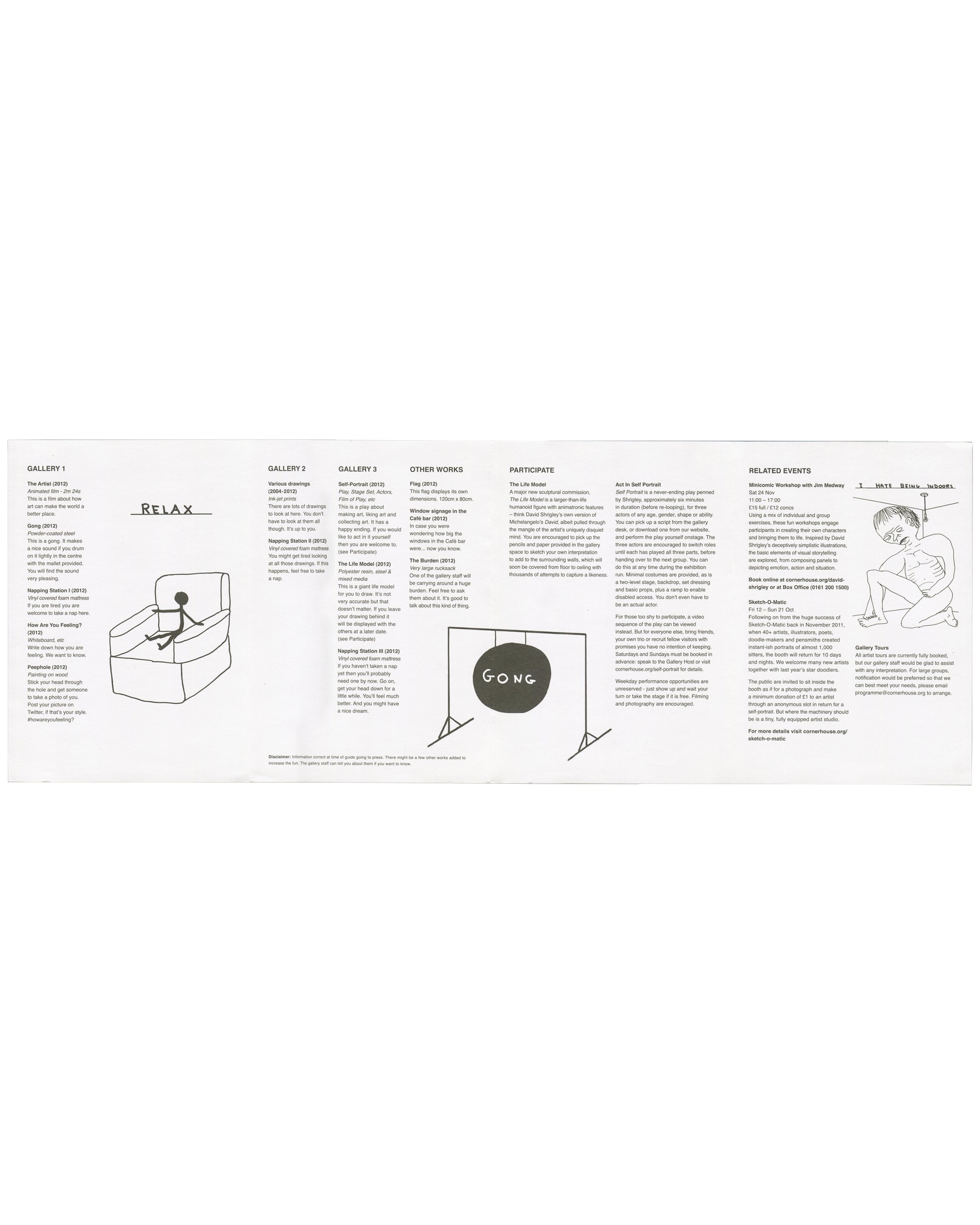 David Shrigley, How Are You Feeling?, 2012, unfolded interior: gallery guide — RELAX drawing, work descriptions, Gong image, participation and events text
