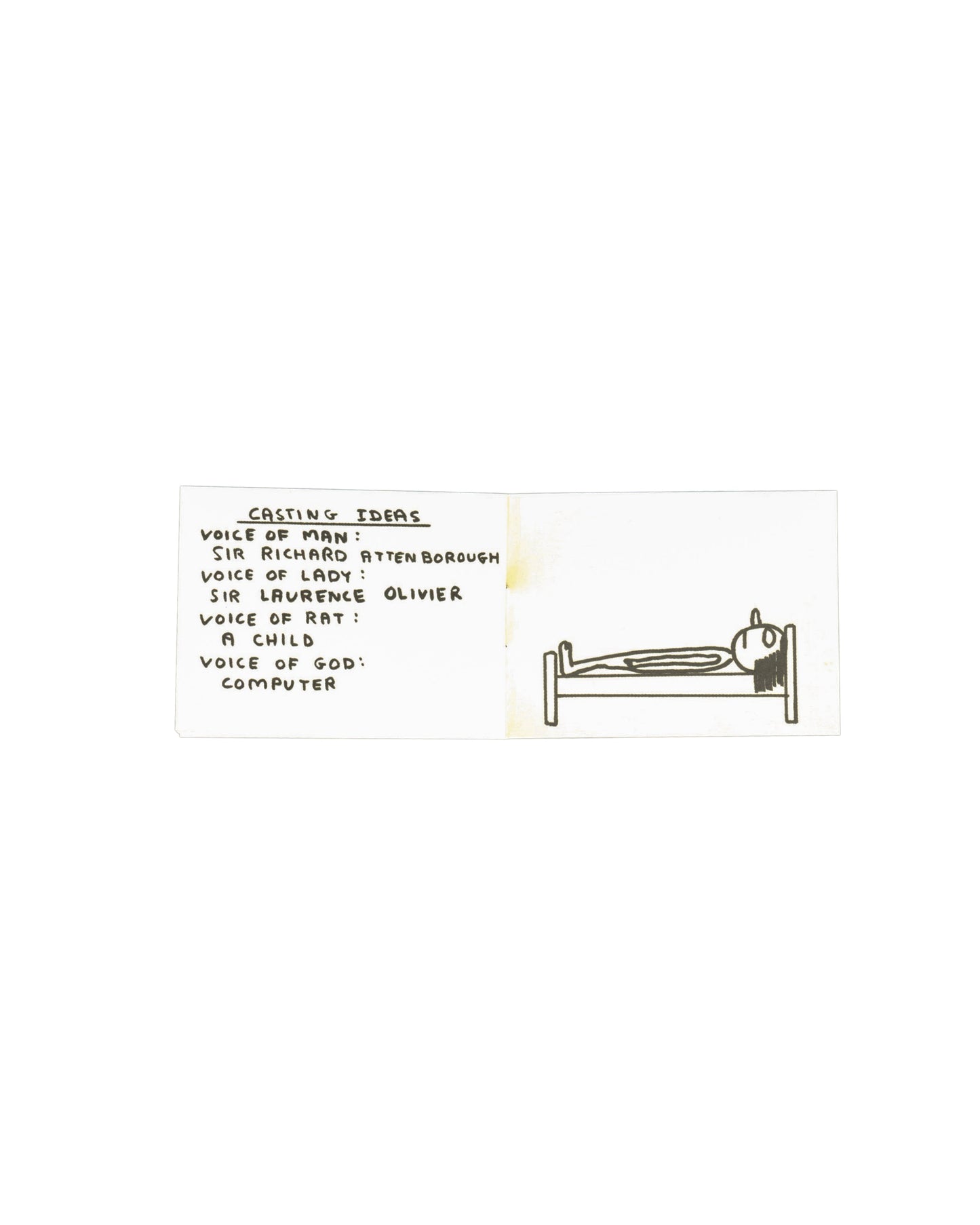 Artist book interior spread, David Shrigley, Man in a Room, Blue Q, 2007. Two-page spread showing repeated line drawing of figure lying in bed. Right page text: ‘MAN LIES ON HIS BED’. Deadpan sequential image and text format characteristic of Shrigley’s printed work.