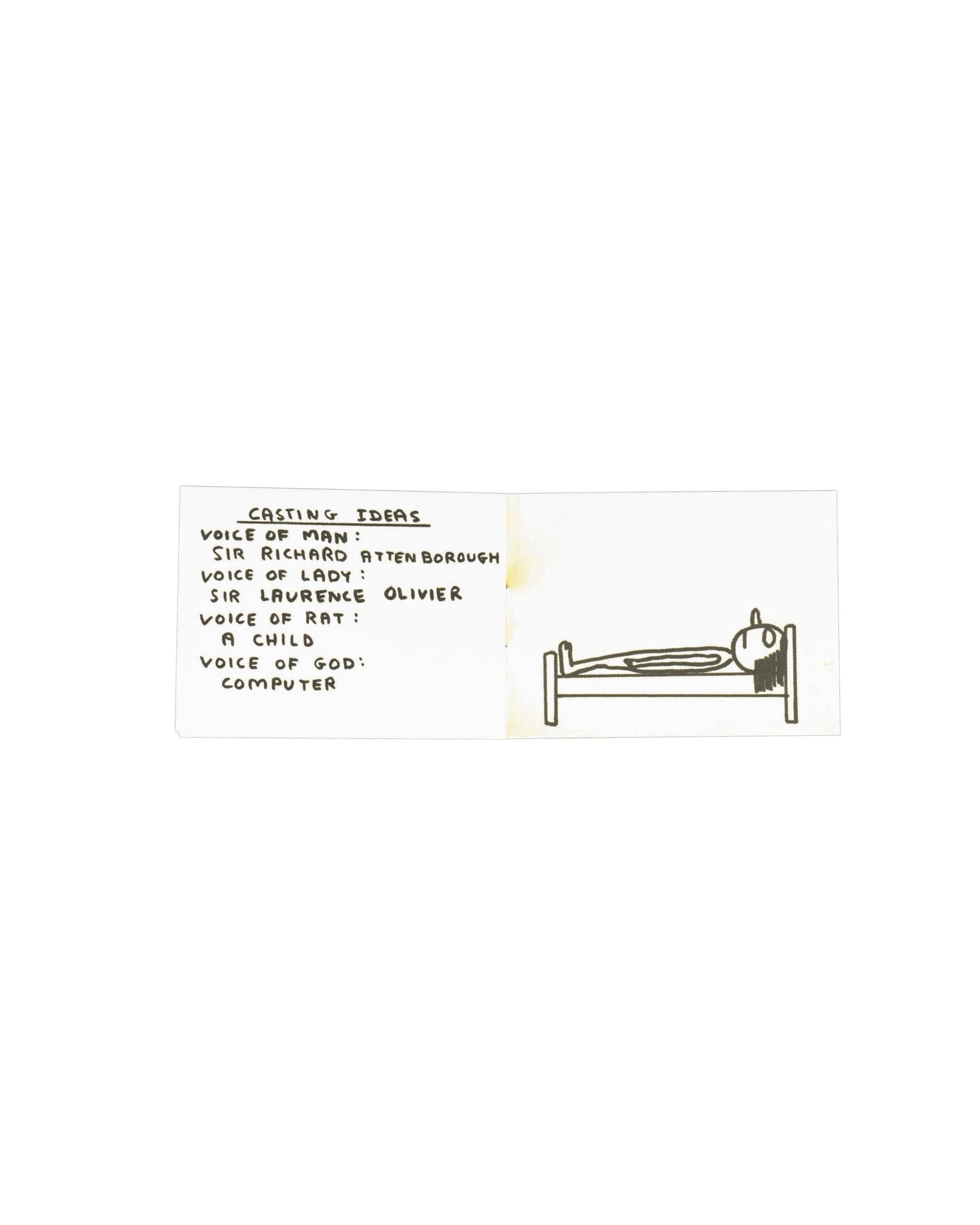 Artist book interior spread, David Shrigley, Man in a Room, Blue Q, 2007. Two-page spread showing repeated line drawing of figure lying in bed. Right page text: ‘MAN LIES ON HIS BED’. Deadpan sequential image and text format characteristic of Shrigley’s printed work.