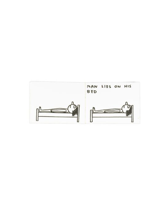 Artist book interior spread, David Shrigley, Man in a Room, Blue Q, 2007. Left page: hand-lettered text reading ‘CASTING IDEAS / VOICE OF MAN: SIR RICHARD ATTENBOROUGH / VOICE OF LADY: SIR LAURENCE OLIVIER / VOICE OF RAT: A CHILD / VOICE OF GOD: COMPUTER’. Right page: line drawing of figure lying in bed. Light toning visible at centre fold.