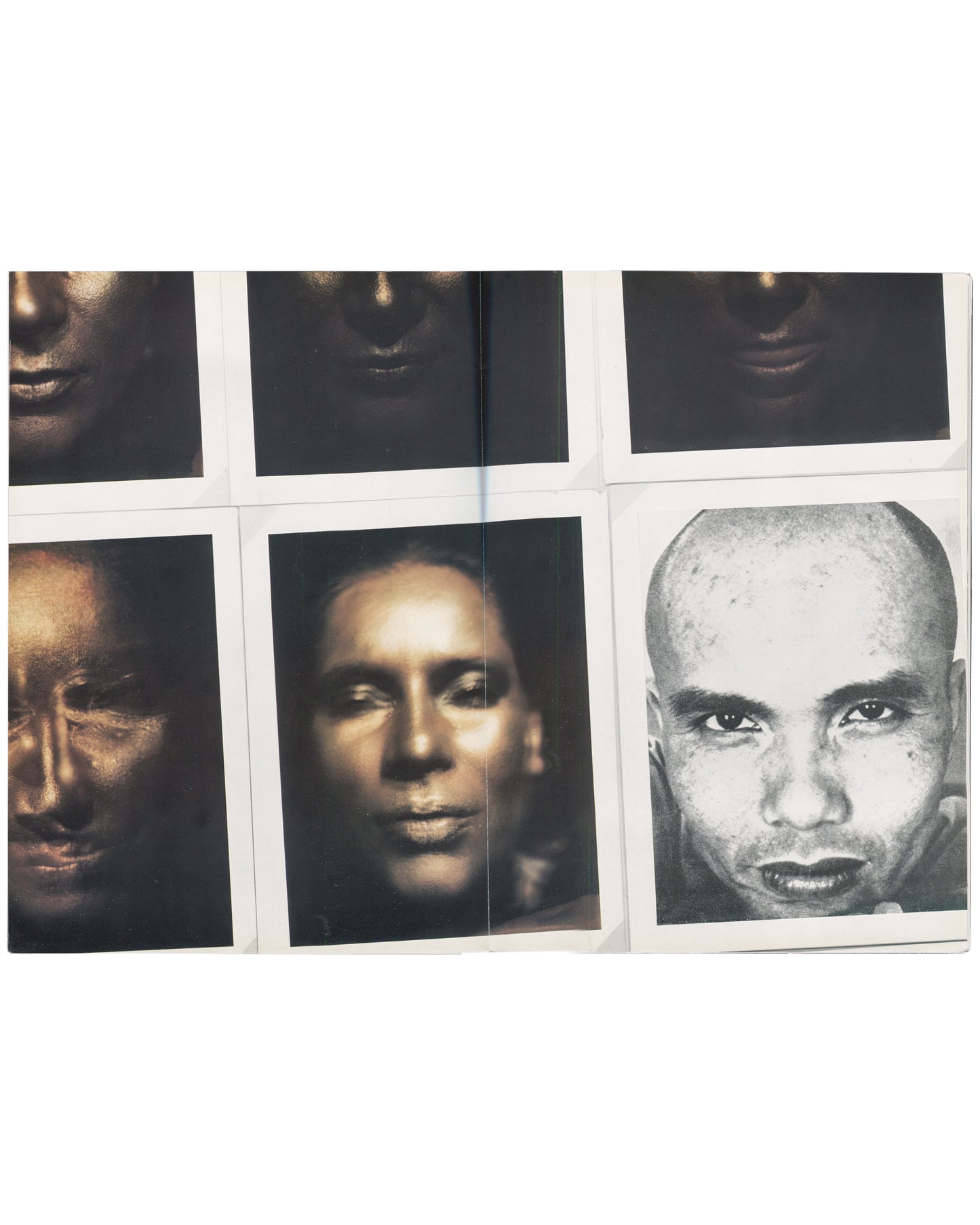 Katharina Sieverding, Grossfotos I–X, 1977, interior spread: six close-cropped portraits of faces with gold and black toning, bald figure lower right in high contrast