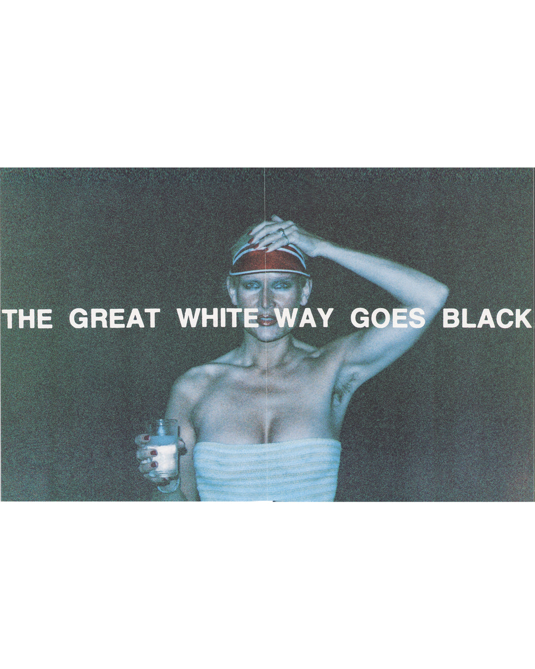Katharina Sieverding, Grossfotos I–X, 1977, interior spread: oversize photograph overprinted THE GREAT WHITE WAY GOES BLACK, figure holding cup with visor raised