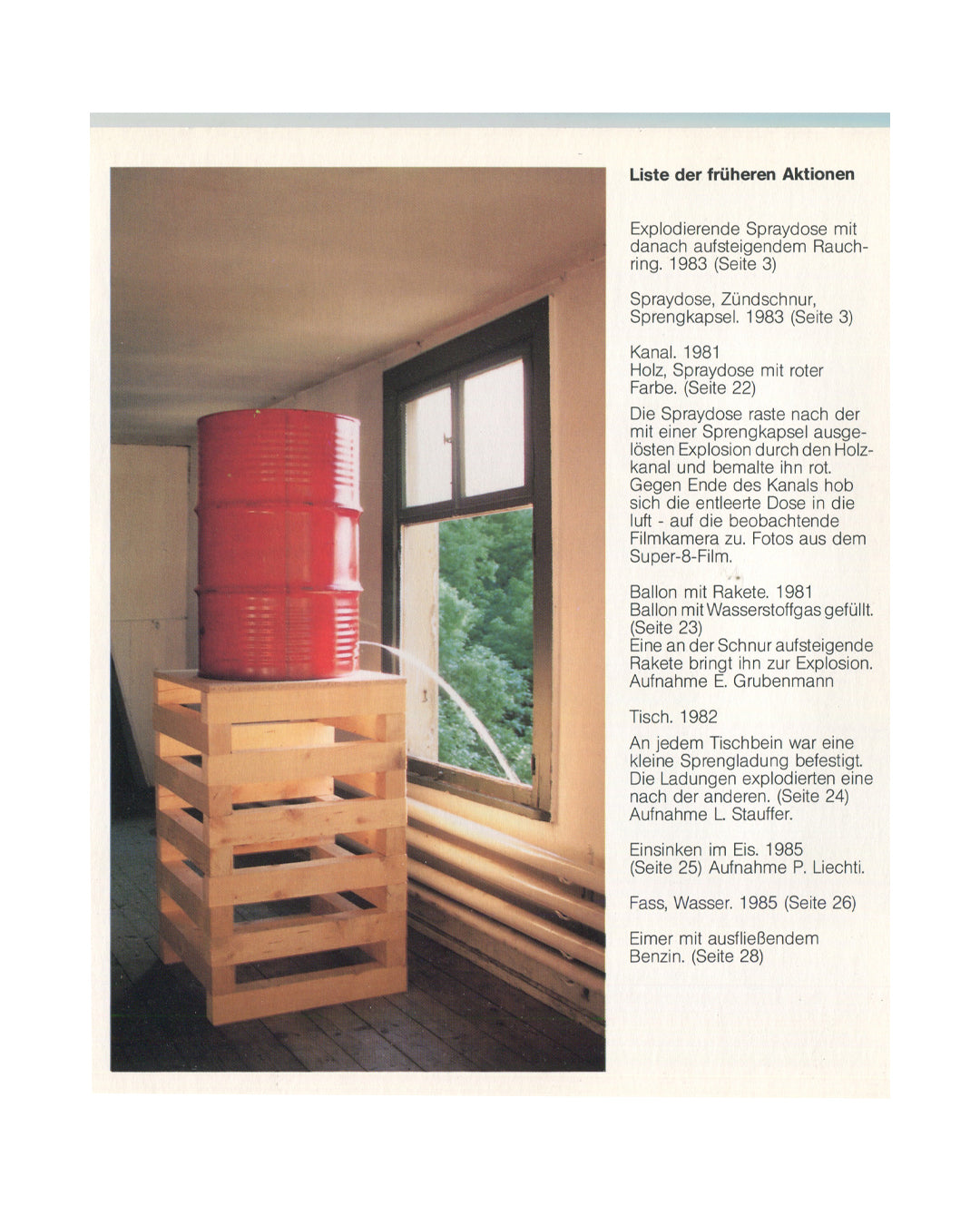 Roman Signer, Fast Changes, interior: colour photo of red barrel on wooden crate by window left; German Liste der früheren Aktionen with action descriptions 1981–1985 right

