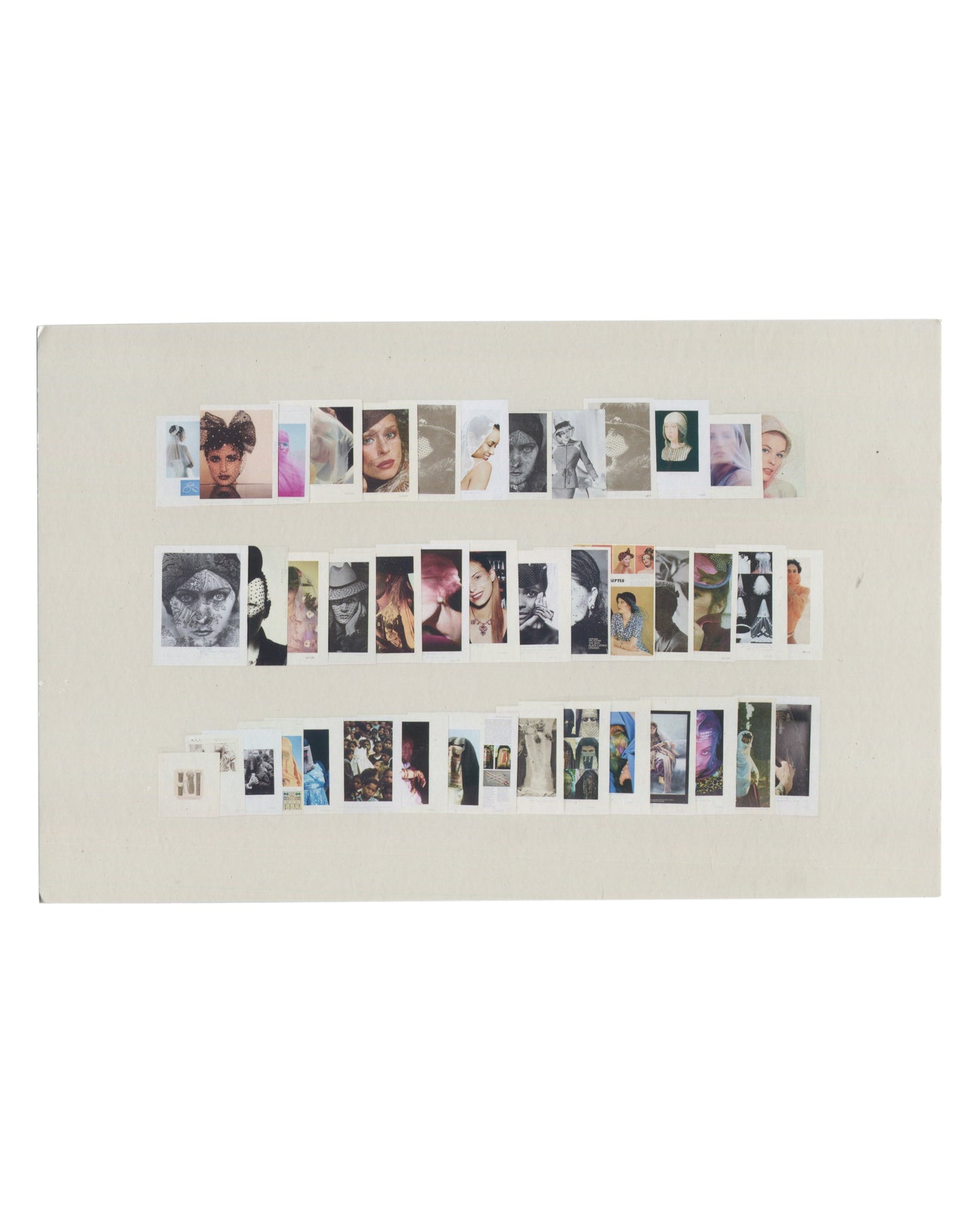 Taryn Simon, Folder: Costume – Veil, The Picture Collection, 2012, artist postcard, front, pale cream uncoated card with three horizontal rows of small vertically oriented colour and black-and-white image fragments arranged across the centre: each strip shows a cropped detail from a portrait, fashion photograph, or documentary image — faces, hats, veils, figures, and costume details — sourced from the New York Public Library's Costume – Veil folder, the strips varying in width and height, set against the pl