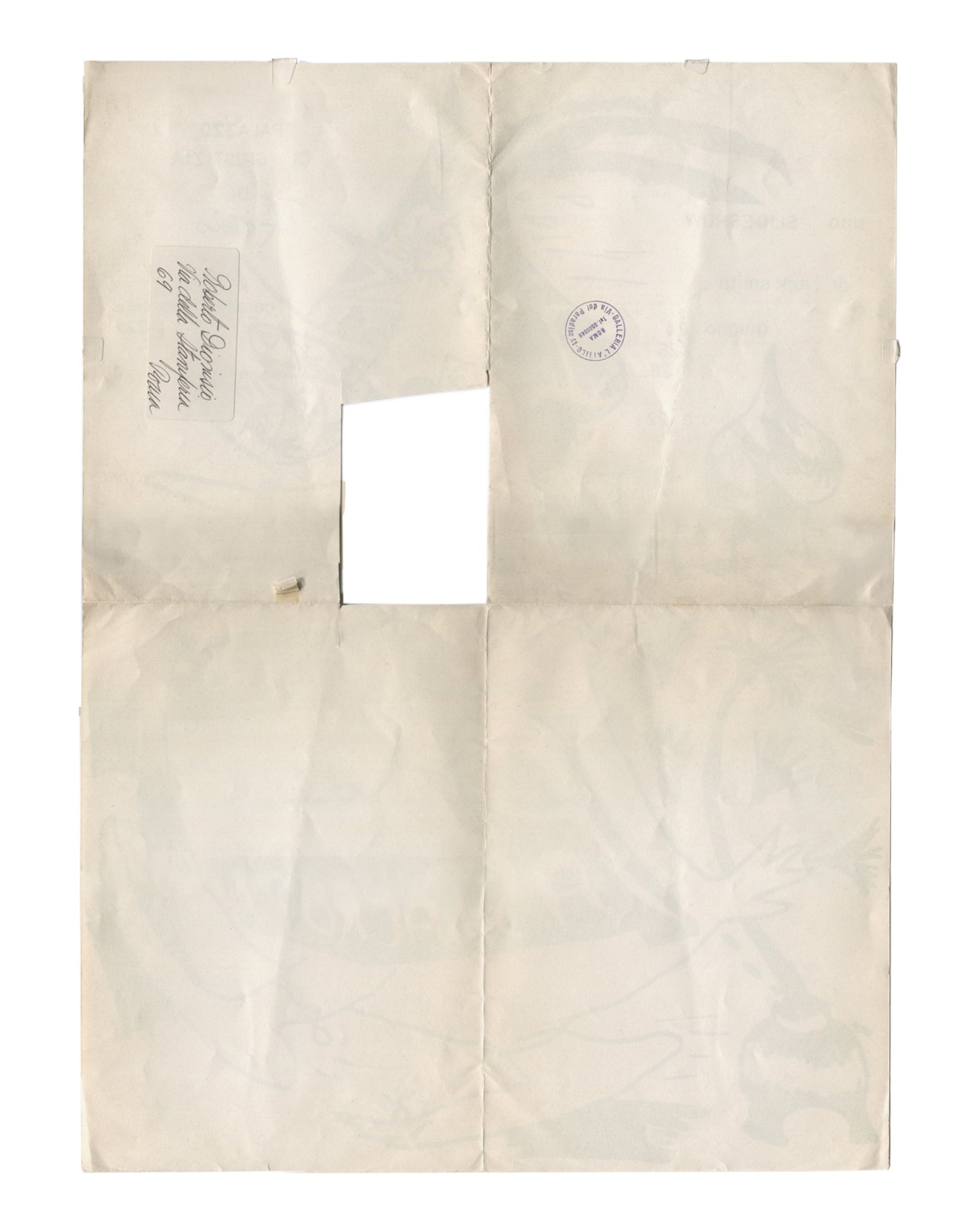 Reverse of 1975 Jack Smith Padronismo di Pastacrosta slideshow poster showing handwritten address to Roberto Dionisio, via della Vite, Rome, Galleria L'Attico rubber stamp, Italian postal cancellation mark, and central stamp-removal incision. Fold lines and toning throughout.