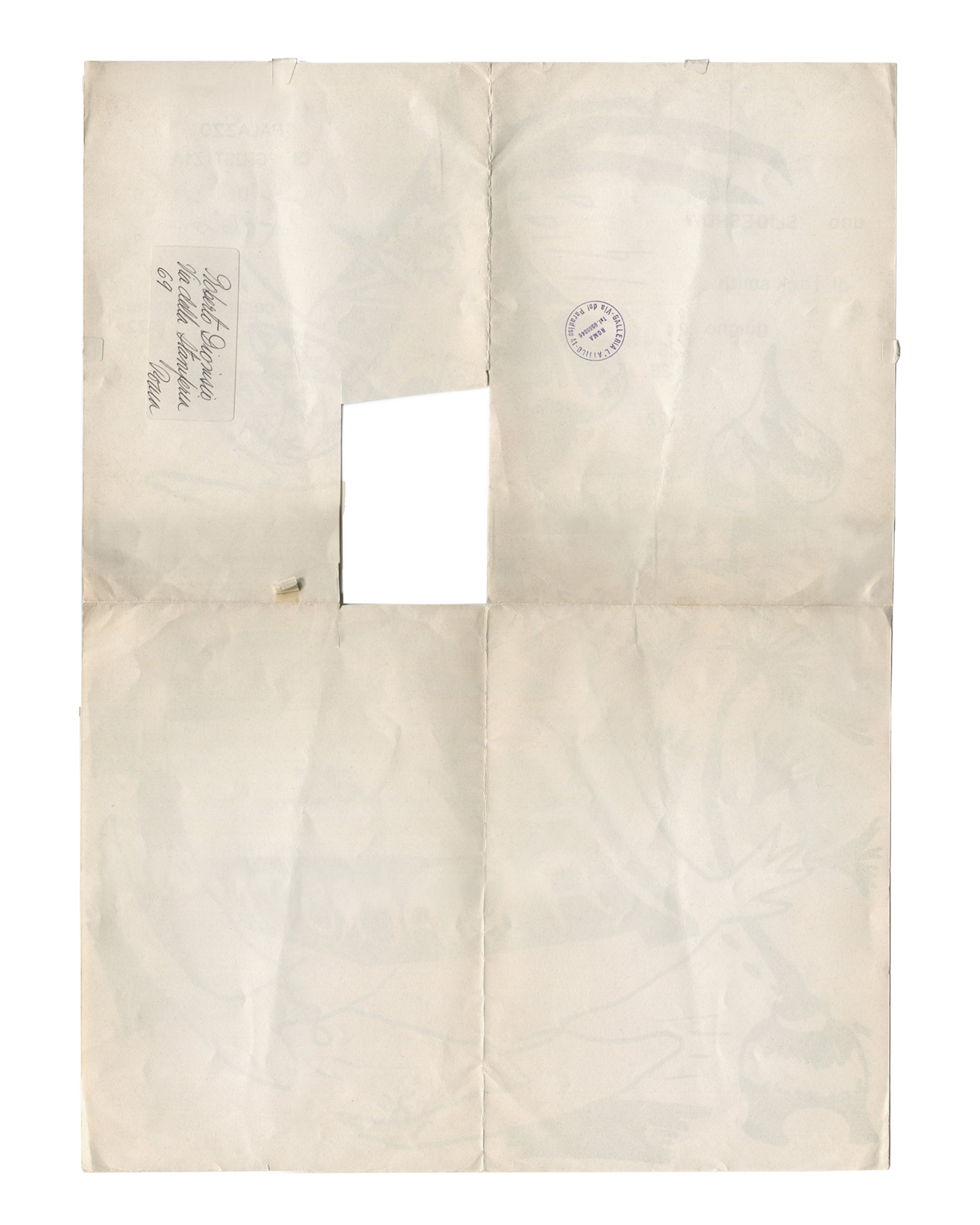 Reverse of 1975 Jack Smith Padronismo di Pastacrosta slideshow poster showing handwritten address to Roberto Dionisio, via della Vite, Rome, Galleria L'Attico rubber stamp, Italian postal cancellation mark, and central stamp-removal incision. Fold lines and toning throughout.