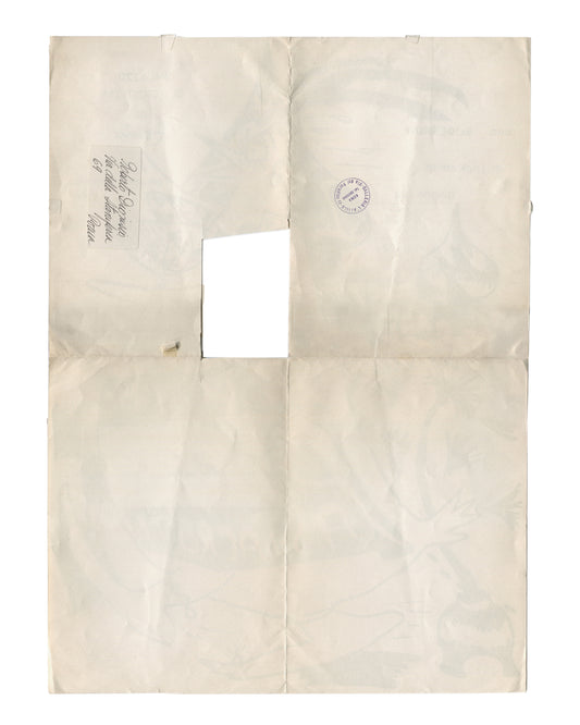 Reverse of 1975 Jack Smith Padronismo di Pastacrosta slideshow poster showing handwritten address to Roberto Dionisio, via della Vite, Rome, Galleria L'Attico rubber stamp, Italian postal cancellation mark, and central stamp-removal incision. Fold lines and toning throughout.