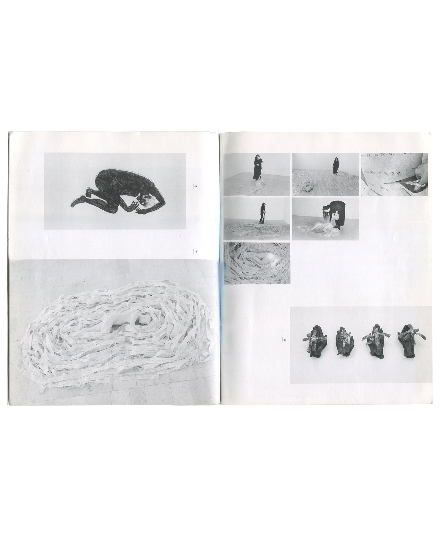 Kiki Smith 1994, interior: b&w crouching figure drawing and coiled paper installation left; b&w Lilith installation and four dark bundled figures right
