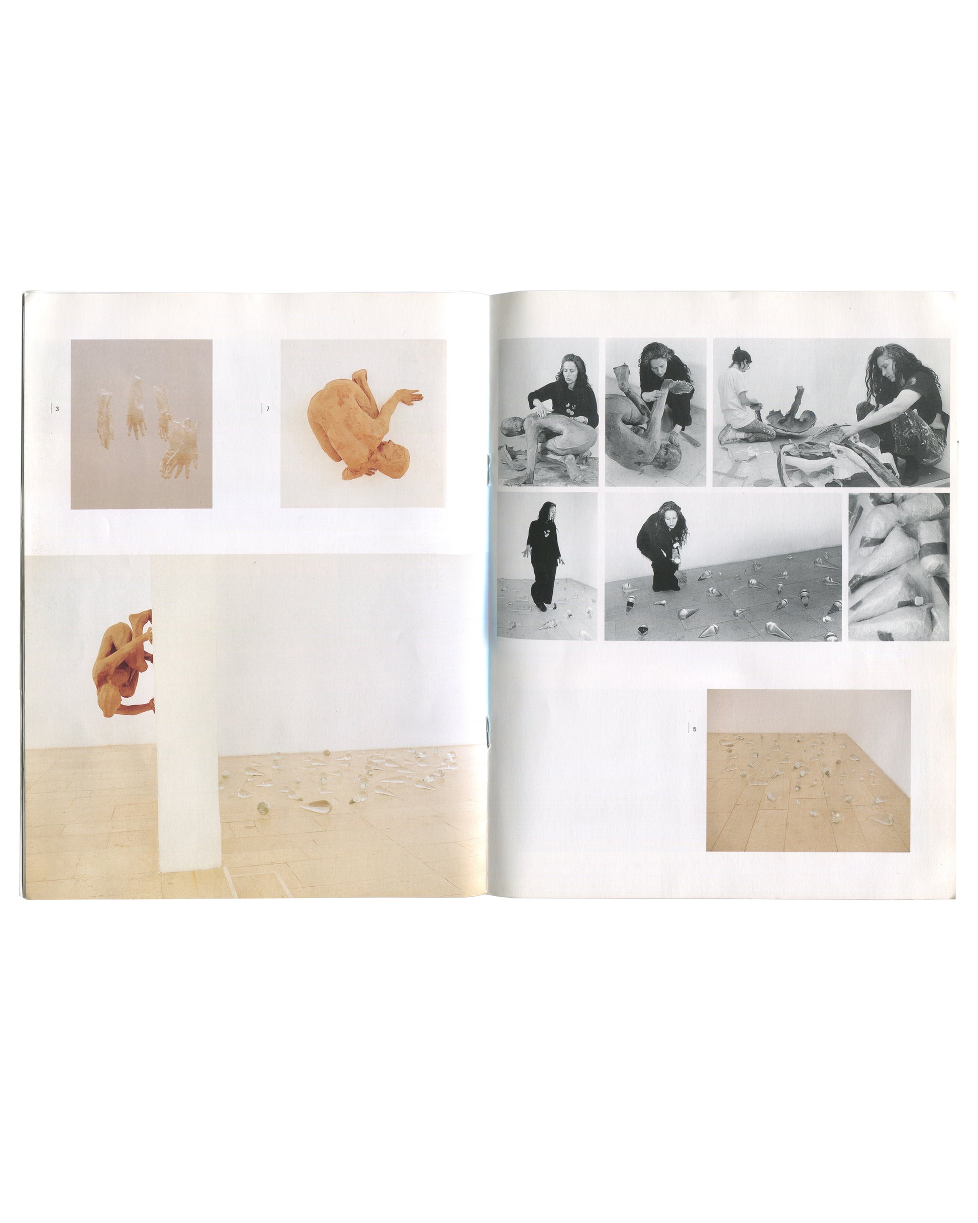 Kiki Smith 1994, interior: colour sculptures left — standing figures, curled torso; b&w process photos right — Smith arranging body fragments on floor
