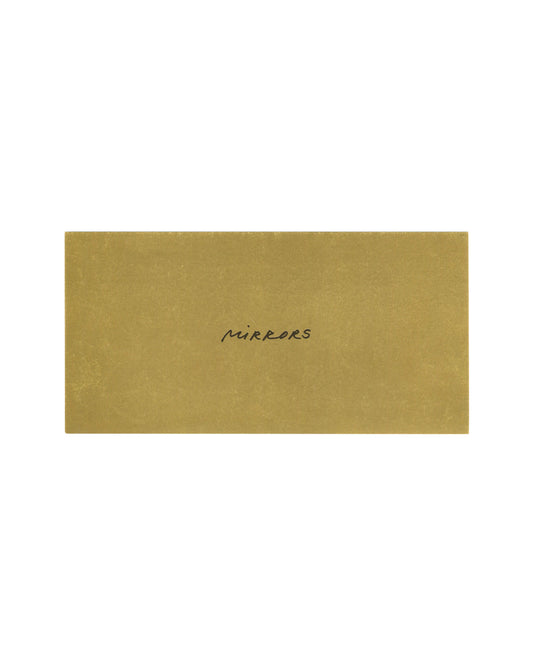 Original 2003 Nedko Solakov Mirrors vernissage card, Galerie Georges-Philippe & Nathalie Vallois, Paris, front showing the single handwritten word Mirrors in black ink centred on metallic gold-coated card stock, surface now naturally dulled through age and handling.