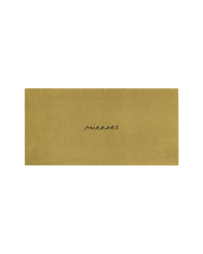 Original 2003 Nedko Solakov Mirrors vernissage card, Galerie Georges-Philippe & Nathalie Vallois, Paris, front showing the single handwritten word Mirrors in black ink centred on metallic gold-coated card stock, surface now naturally dulled through age and handling.