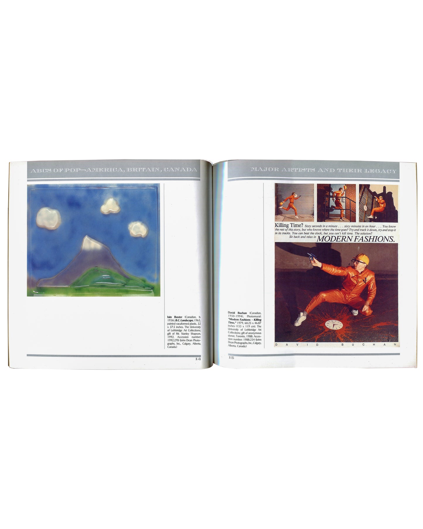 ABCs of Pop Art 2000, interior: Ian Baxter BC Landscape 1961 colour painting left; David Buchan Modern Fashions — Killing Time 1979 colour photos right

