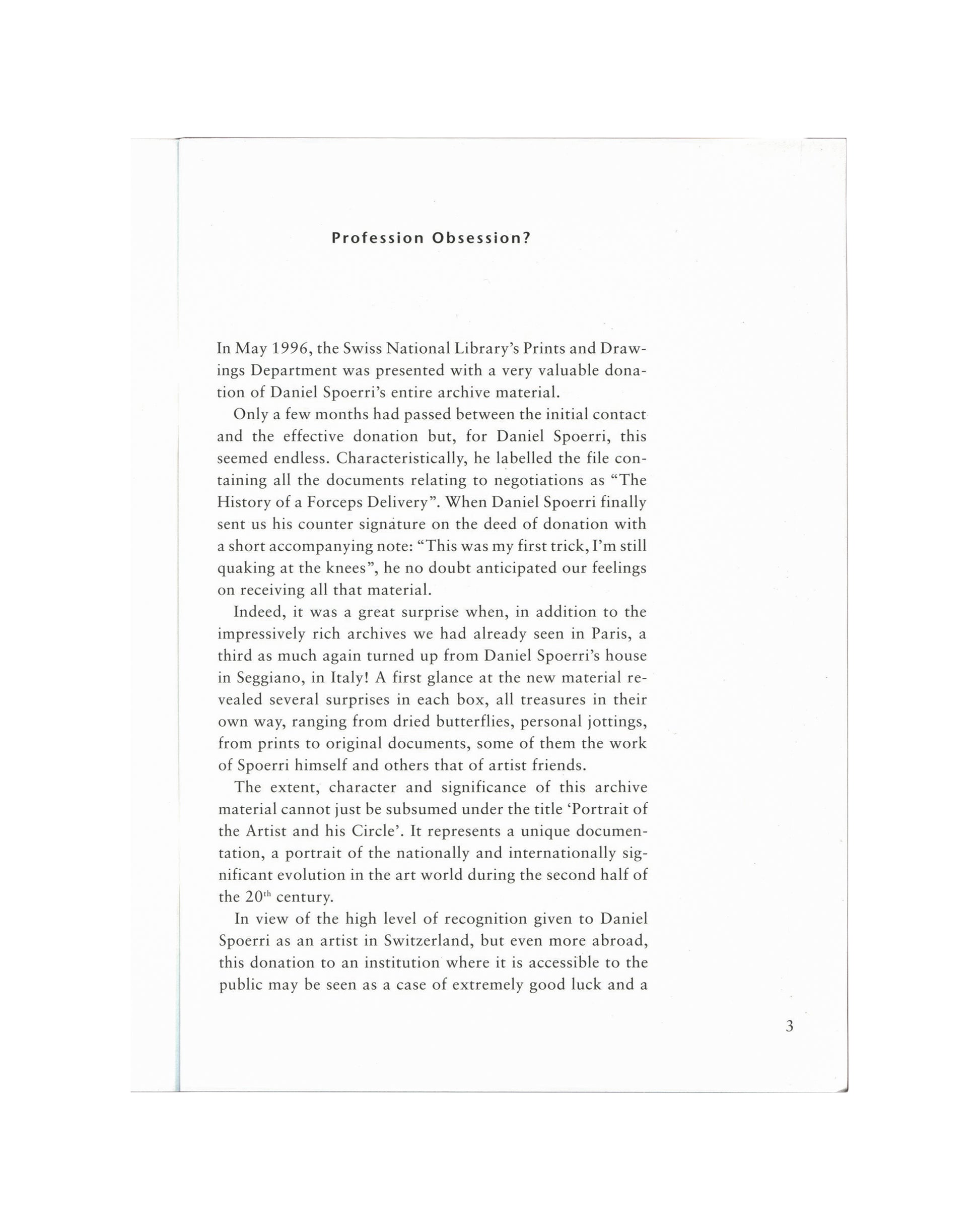 Daniel Spoerri, Profession Obsession 1997, interior: text page — Profession Obsession? essay opening, Swiss National Library donation 1996, page 3
