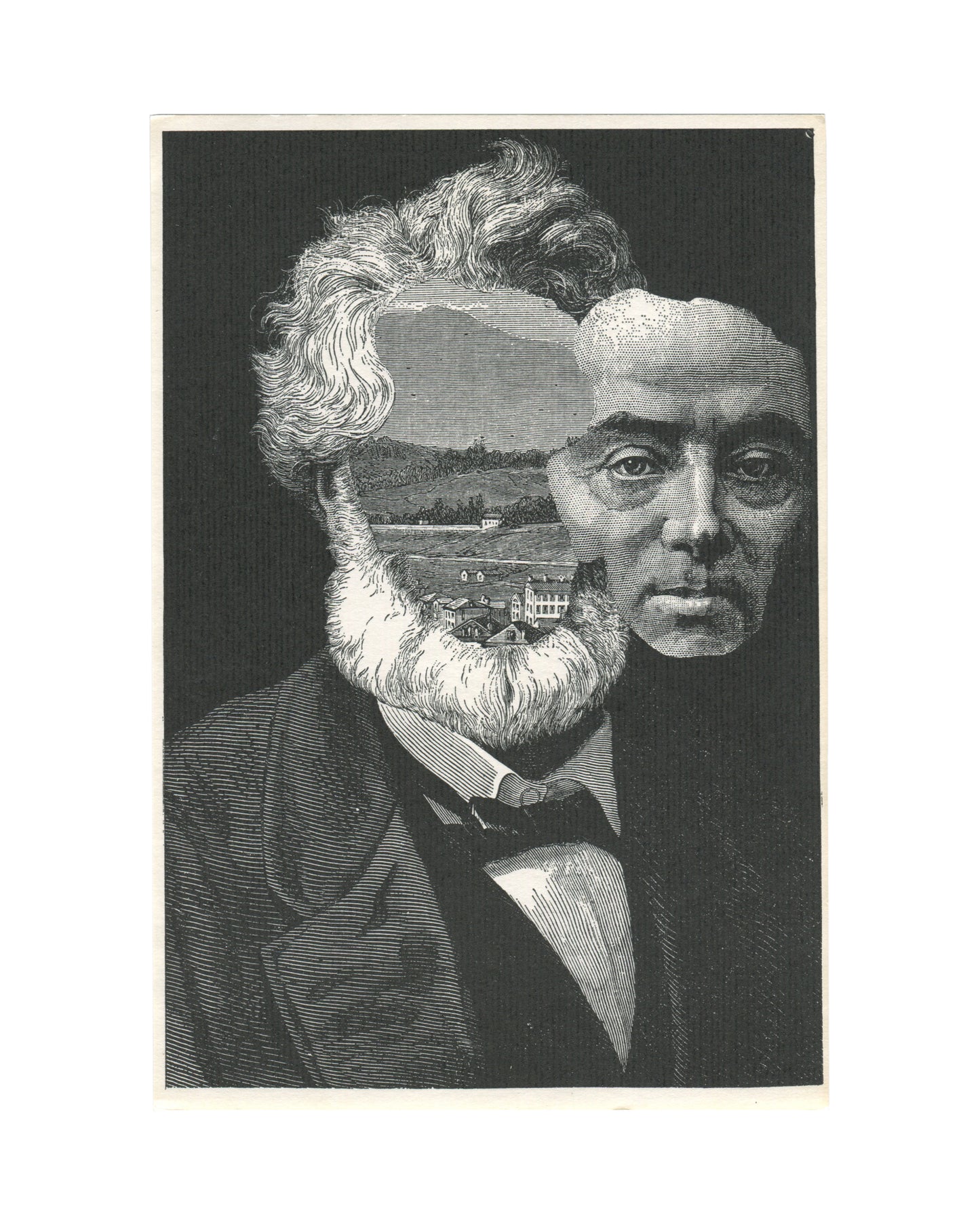 Separate full-page collage print included with 1975 André Stas exhibition brochure, Galerie La Marée, Brussels, showing a Victorian-era engraved portrait of a bearded man with a landscape scene — rolling hills, trees, and a country house — collaged into the upper half of the face, replacing the forehead and hair with an open pastoral view.