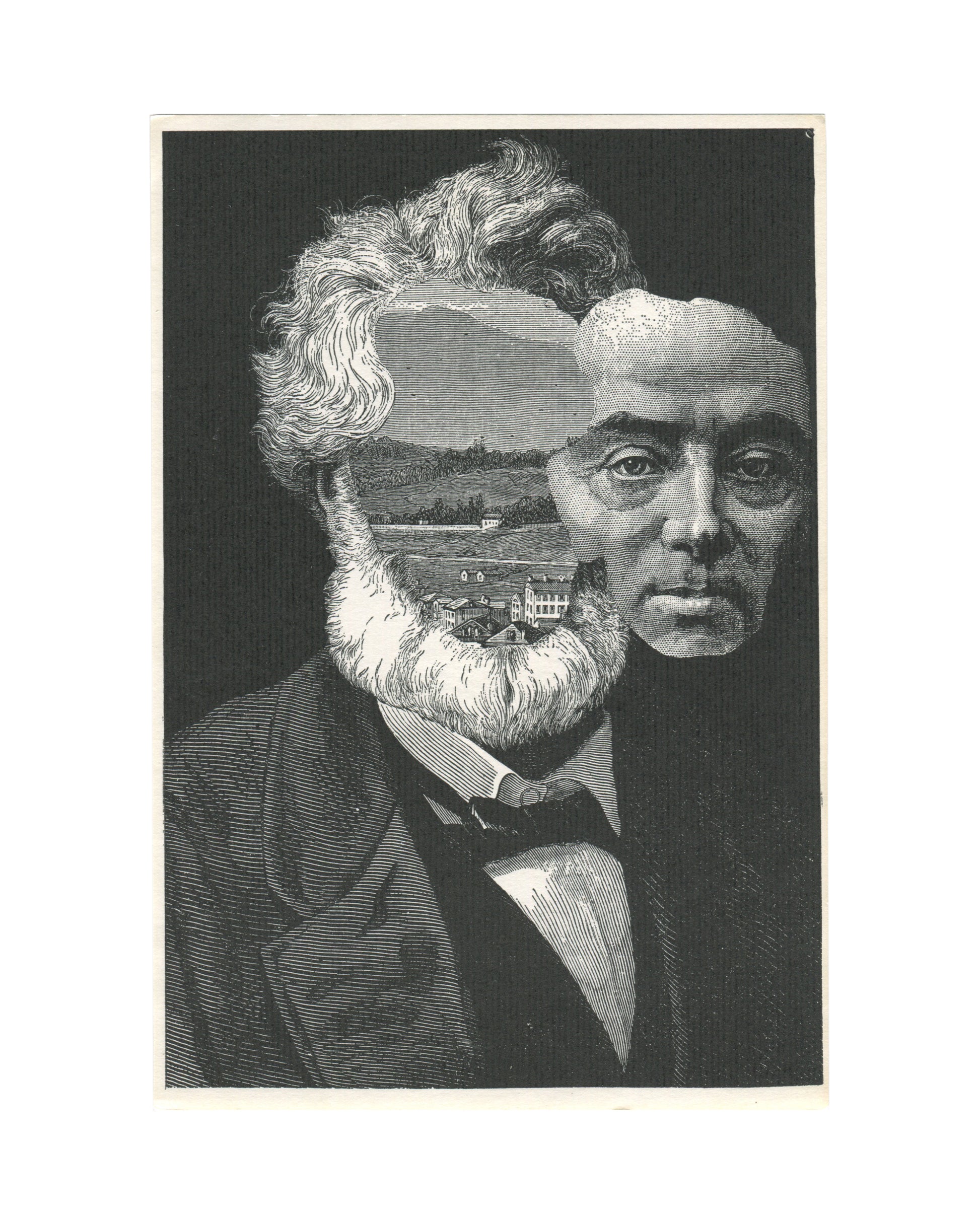 Separate full-page collage print included with 1975 André Stas exhibition brochure, Galerie La Marée, Brussels, showing a Victorian-era engraved portrait of a bearded man with a landscape scene — rolling hills, trees, and a country house — collaged into the upper half of the face, replacing the forehead and hair with an open pastoral view.