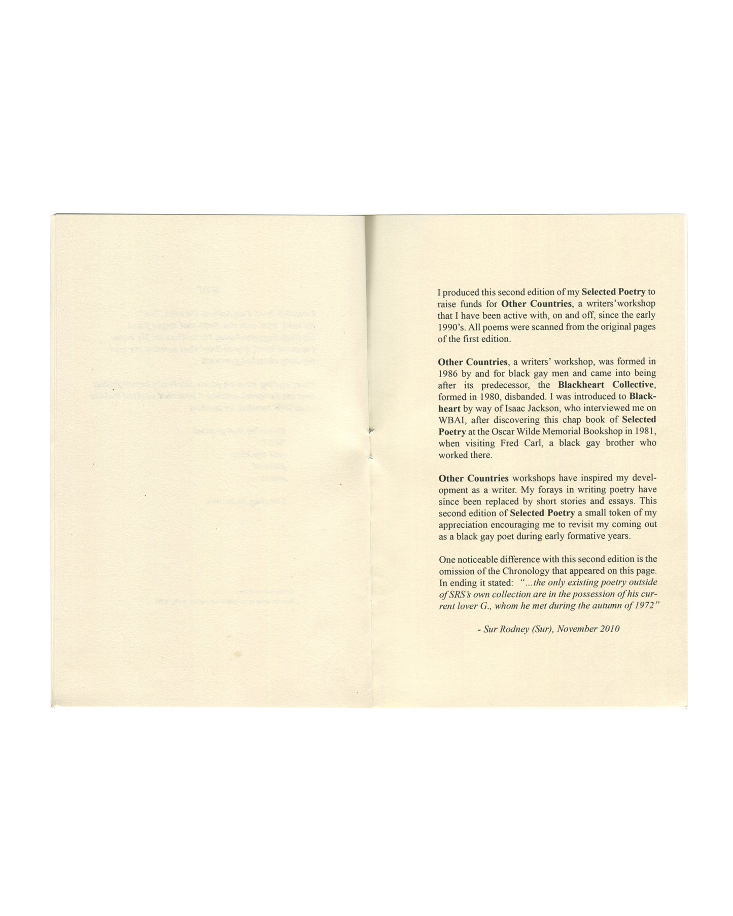 Sur Rodney (Sur), Selected Poetry 2010, interior: author's note on Other Countries writers' workshop, Blackheart Collective, Oscar Wilde Memorial Bookshop; November 2010
