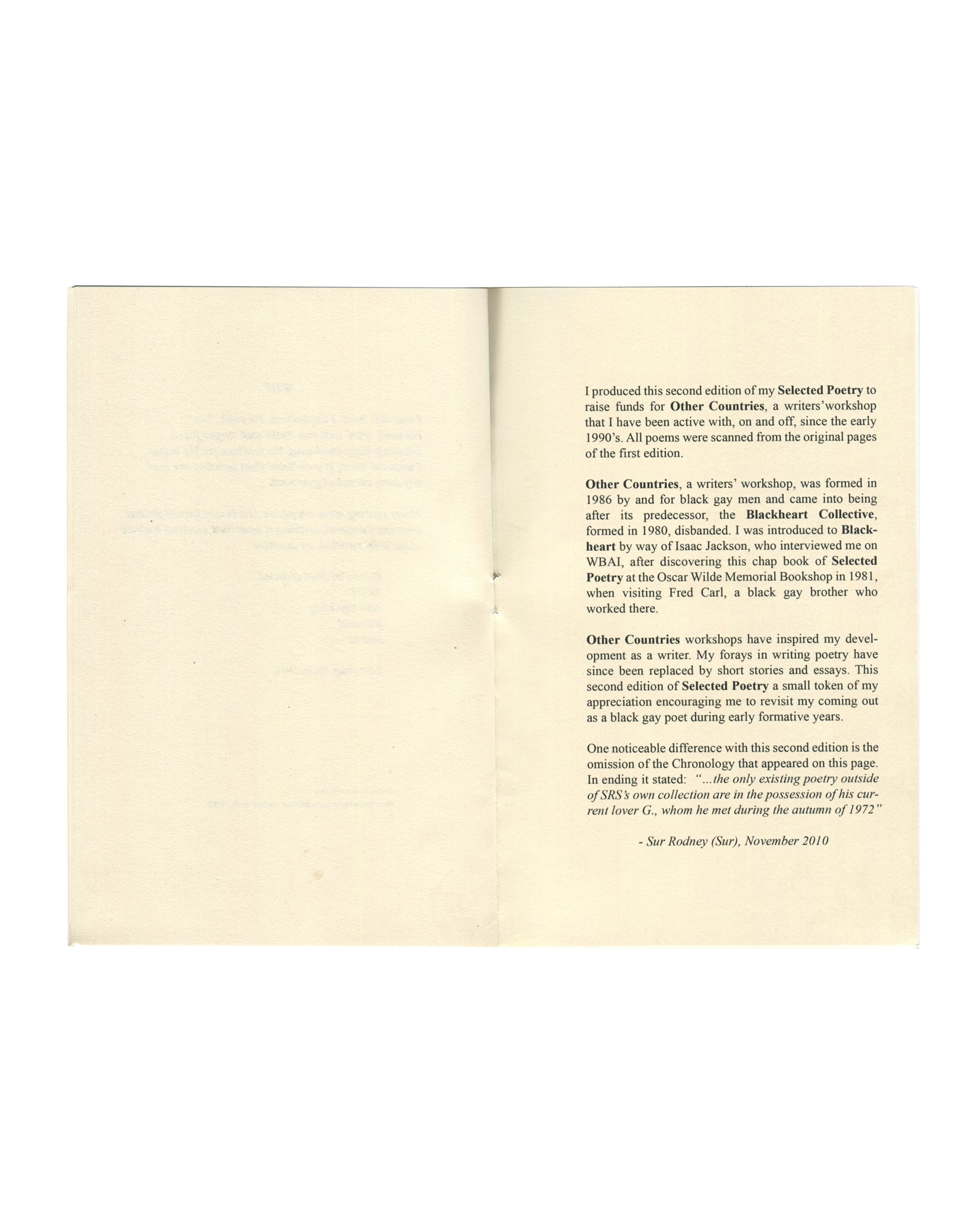 Sur Rodney (Sur), Selected Poetry 2010, interior: author's note on Other Countries writers' workshop, Blackheart Collective, Oscar Wilde Memorial Bookshop; November 2010
