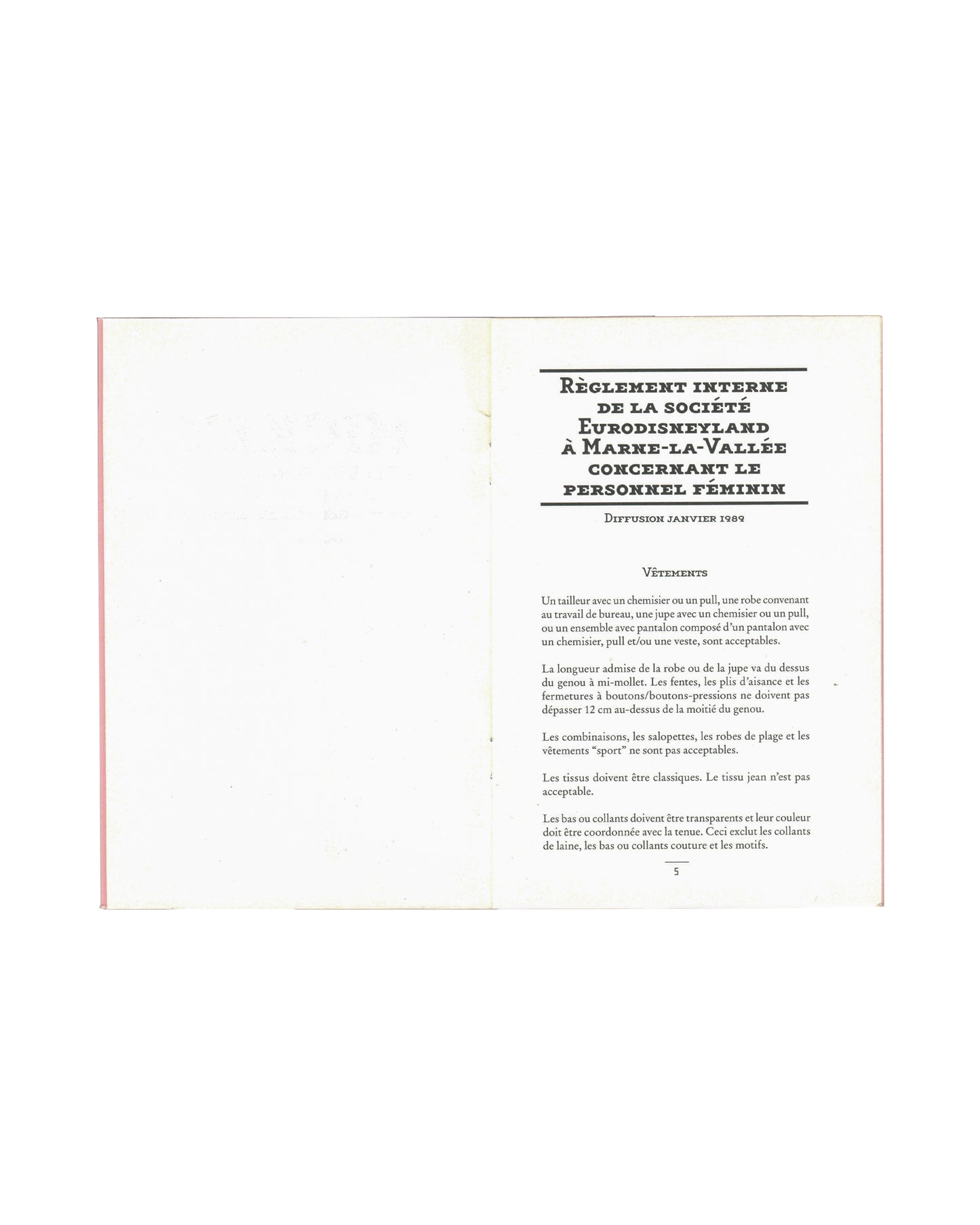 Taroop & Glabel, Mickey et les dévergondées 2006, interior page 5: Règlement interne de la société Eurodisneyland concernant le personnel féminin, Diffusion janvier 1989 — Vêtements section
