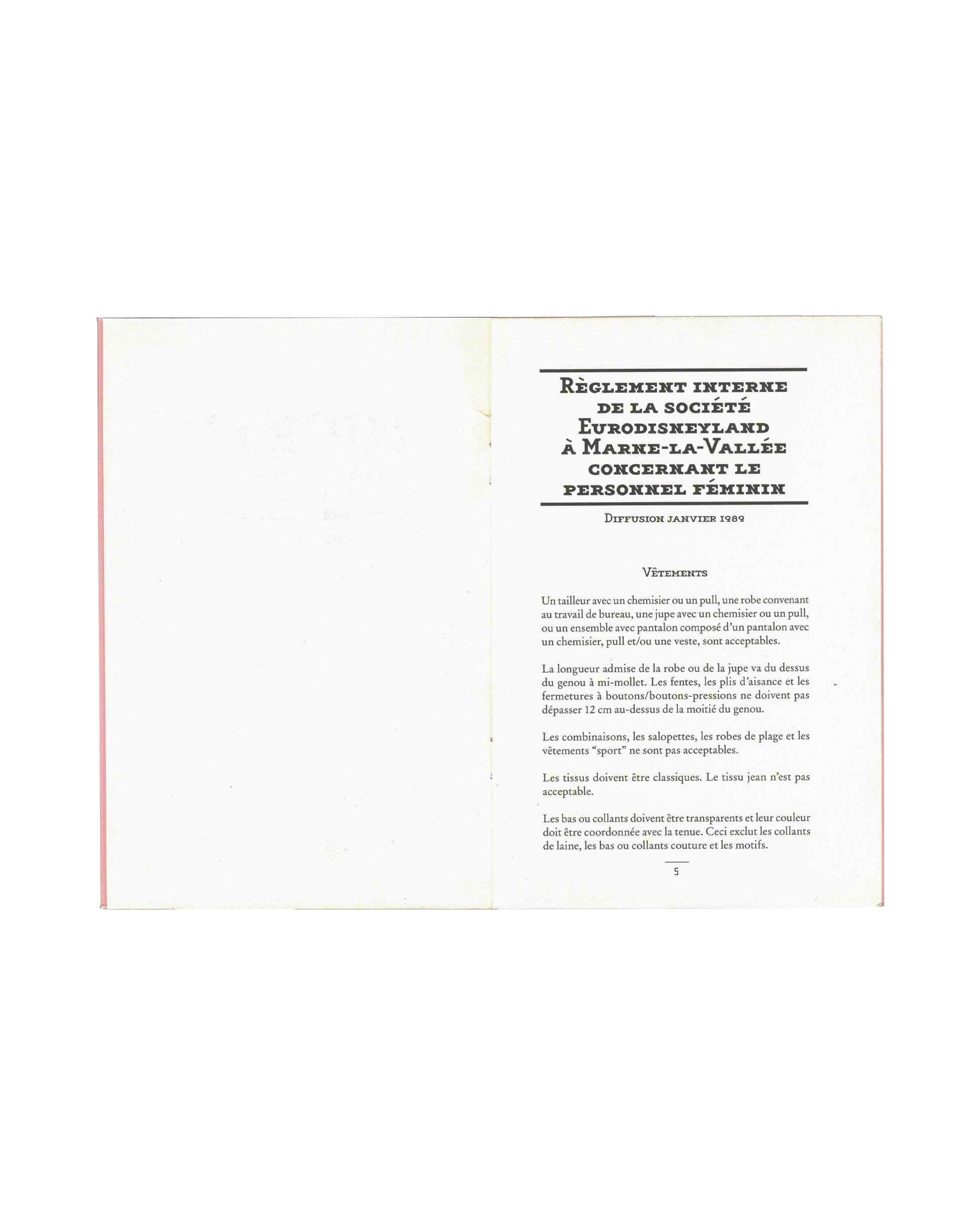 Taroop & Glabel, Mickey et les dévergondées 2006, interior page 5: Règlement interne de la société Eurodisneyland concernant le personnel féminin, Diffusion janvier 1989 — Vêtements section
