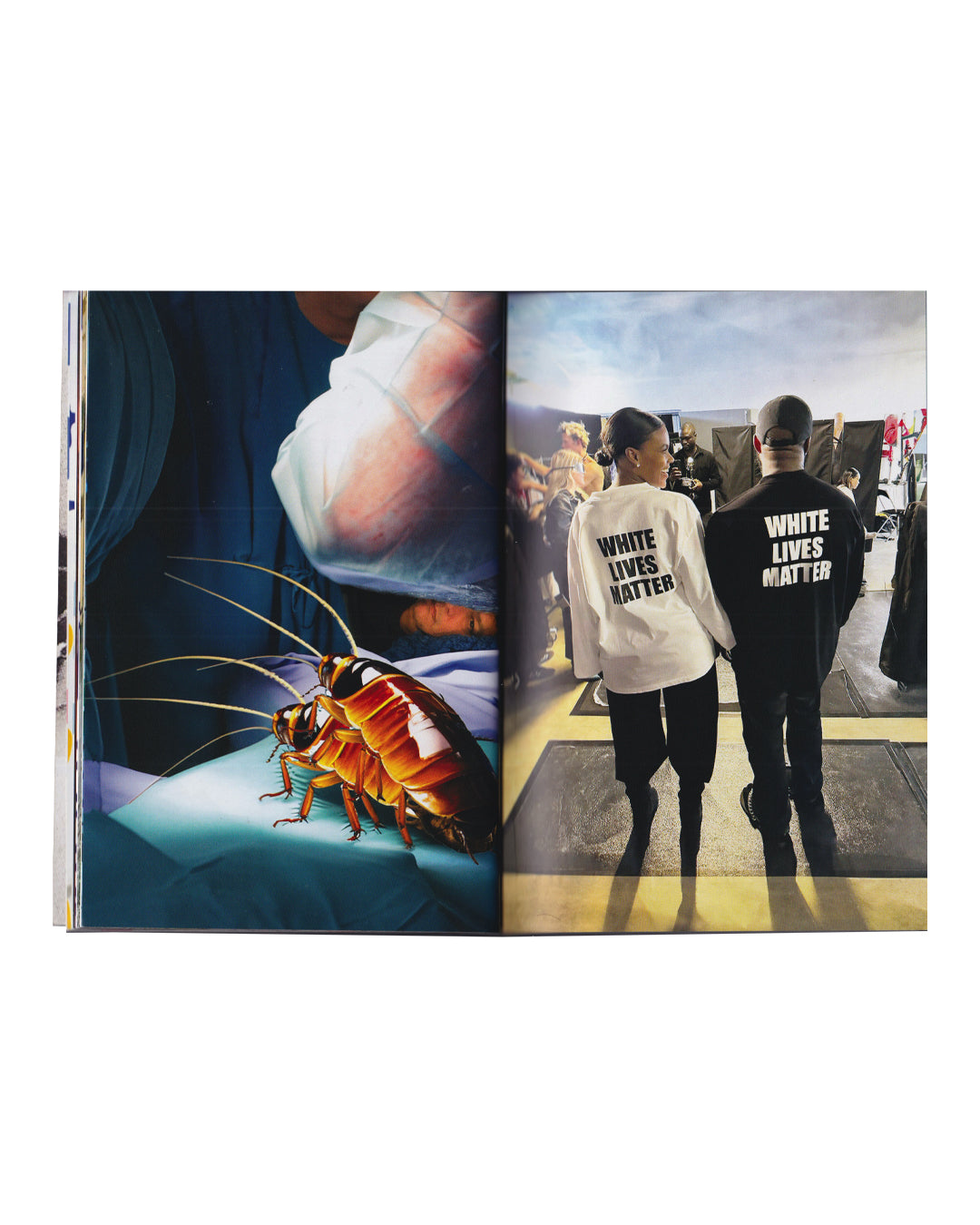 Rafael Melendez, The Naked Lunch, The Academy of Realness, 2023 — interior spread; left page shows digital illustration of a large cockroach on a hospital bed beneath a surgeon's gloved hands; right page shows press photograph of two figures wearing 'White Lives Matter' slogan garments at a fashion event