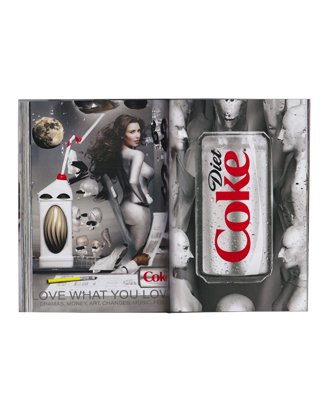 Rafael Melendez, The Naked Lunch, 2023 — interior spread; left page shows AI-generated science fiction scene with female figure in silver bodysuit, robot skulls and moon; right page shows Diet Coke can surrounded by grey skull forms; full-colour digital collage