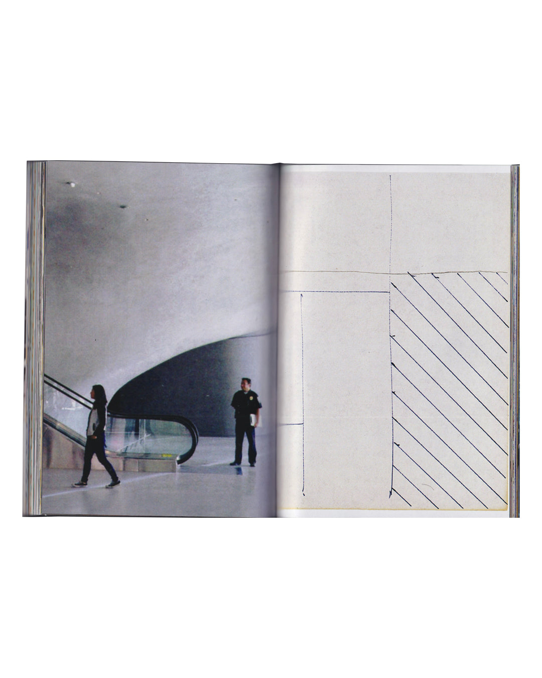 Rafael Melendez, The Naked Lunch, 2023 — interior spread; left page shows colour photograph of two figures in a modernist museum interior with curved concrete ramp and escalator; right page shows a white architectural surface with diagonal hatched ink lines across a grid structure