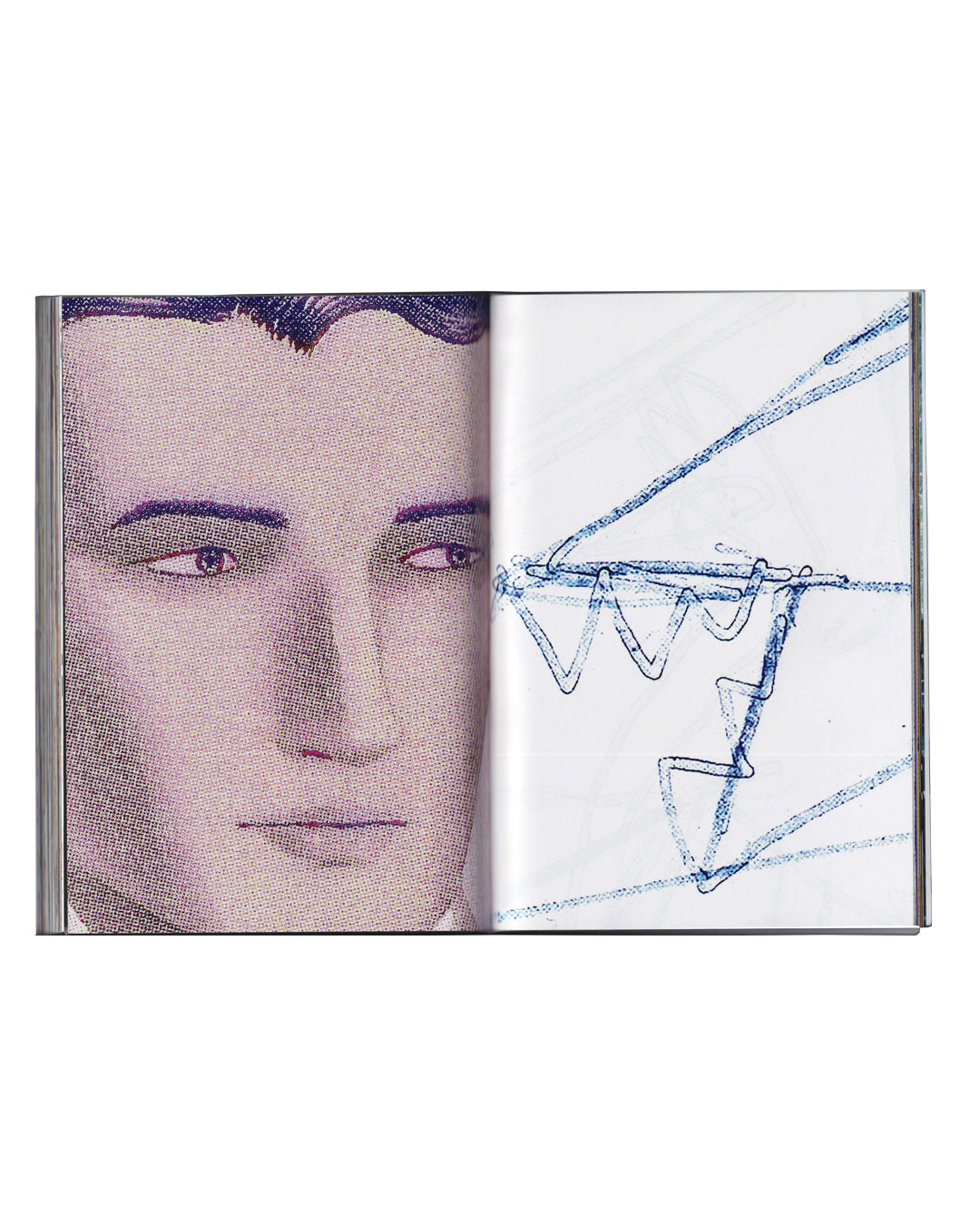 Rafael Melendez, The Naked Lunch, 2023 — interior spread; left page shows enlarged halftone close-up portrait of a young man's face cropped at the eyes and nose; right page shows loose blue ink geometric drawing of angular connected forms on white ground