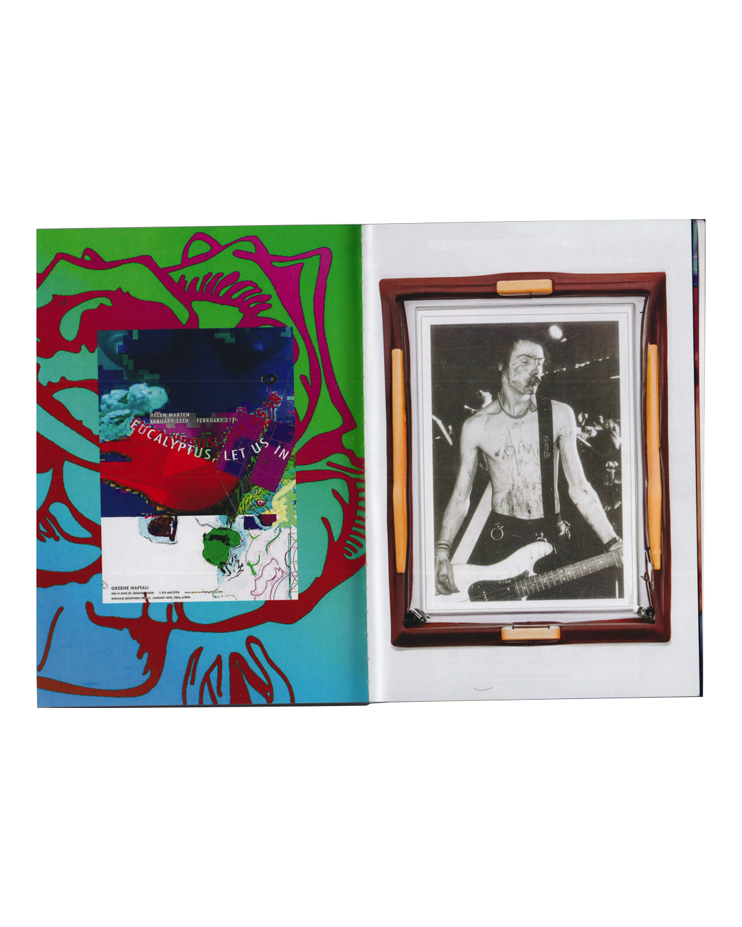 Rafael Melendez, The Naked Lunch, 2023 — interior spread; left page shows psychedelic rose illustration in green, red and blue with overlaid Greene Naftali exhibition card reading 'Eucalyptus, Let Us In'; right page shows black-and-white concert photograph of a shirtless male guitarist framed within a wooden serving tray