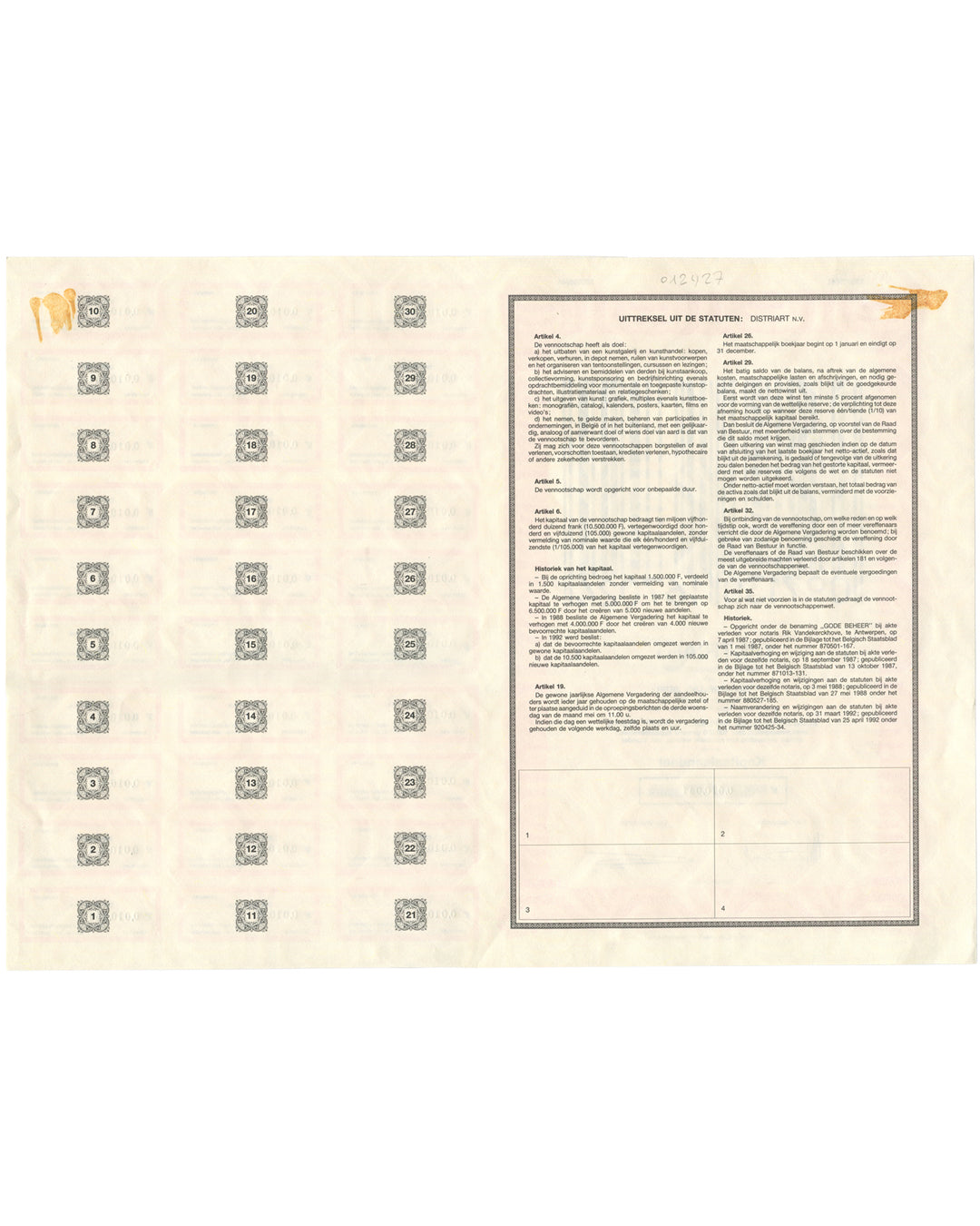 Reverse of 1994 Philippe Thomas Distriart N.V. art share certificate showing Dutch company statutes of Distriart N.V., printed text columns, and four blank coupon spaces at foot.