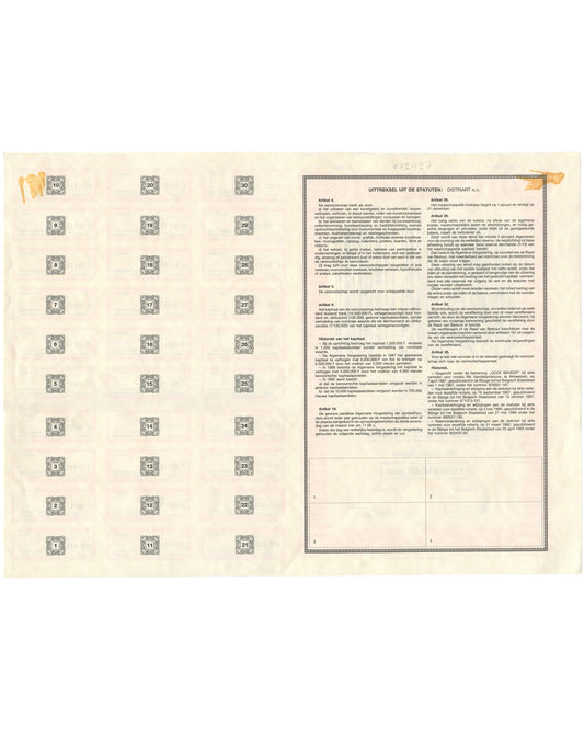 Reverse of 1994 Philippe Thomas Distriart N.V. art share certificate showing Dutch company statutes of Distriart N.V., printed text columns, and four blank coupon spaces at foot.