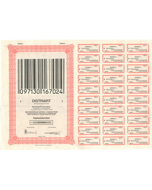 Original 1994 Philippe Thomas Distriart N.V. capital-share certificate, Ostend, Belgium. Front showing enlarged commercial barcode as principal image, corporate text, numbered 041, with thirty attached dividend coupons.