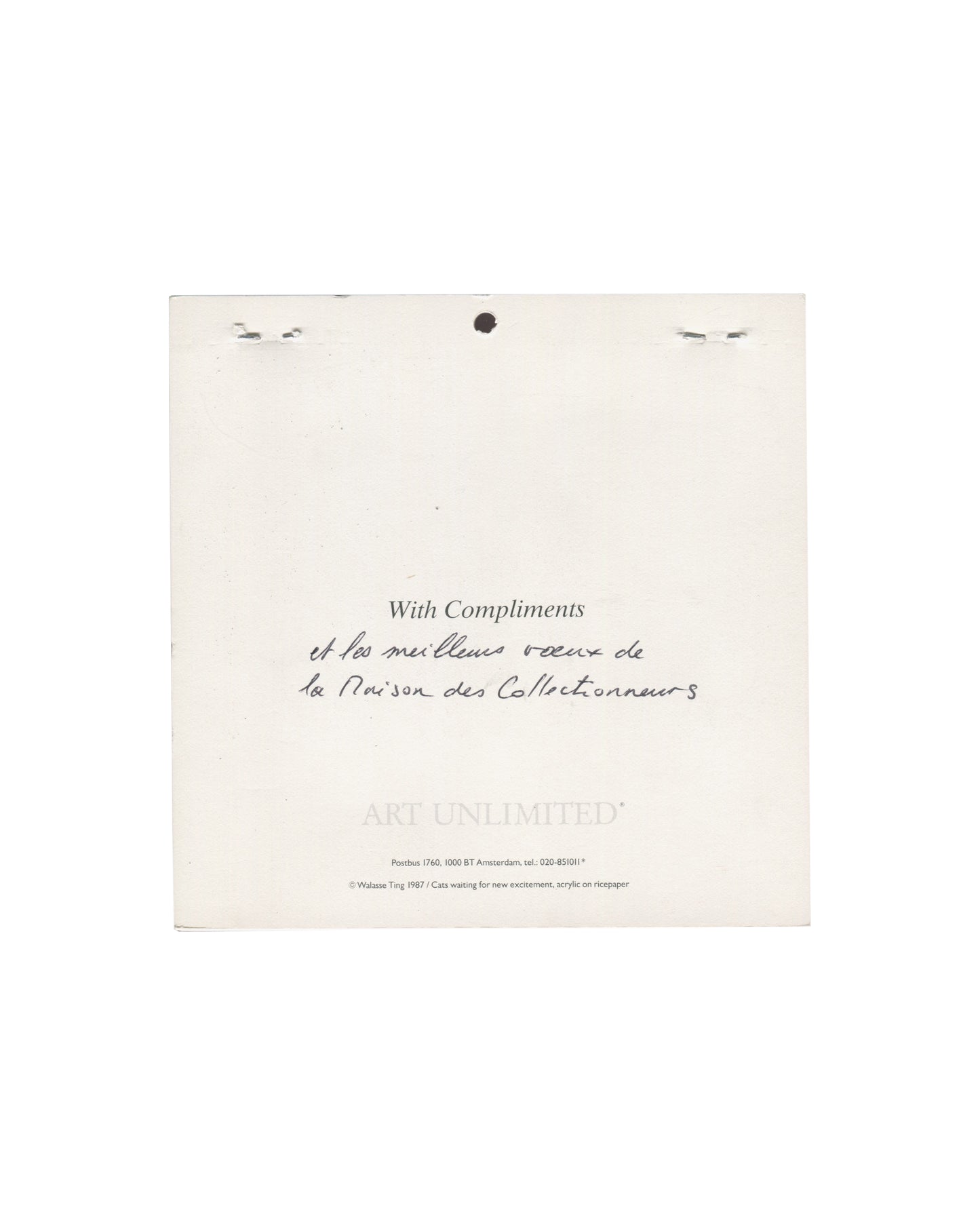 Walasse Ting, 1988 Calendar, Art Unlimited, verso, With Compliments slip, handwritten French New Year inscription, la Maison des Collectionneurs, copyright 1987