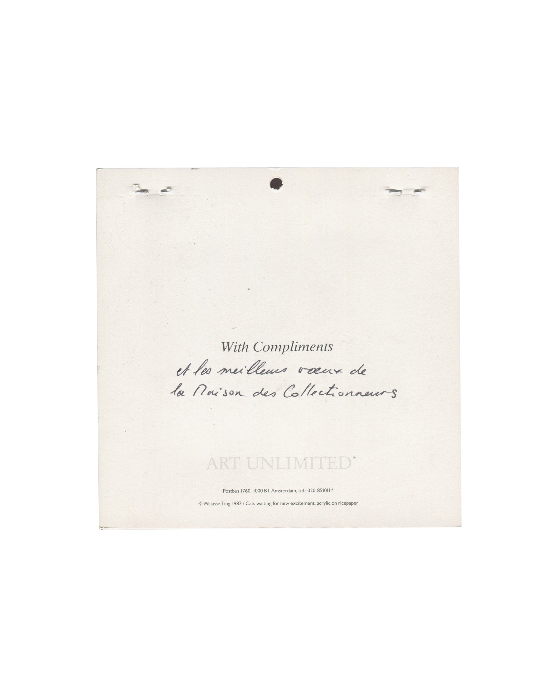 Walasse Ting, 1988 Calendar, Art Unlimited, verso, With Compliments slip, handwritten French New Year inscription, la Maison des Collectionneurs, copyright 1987