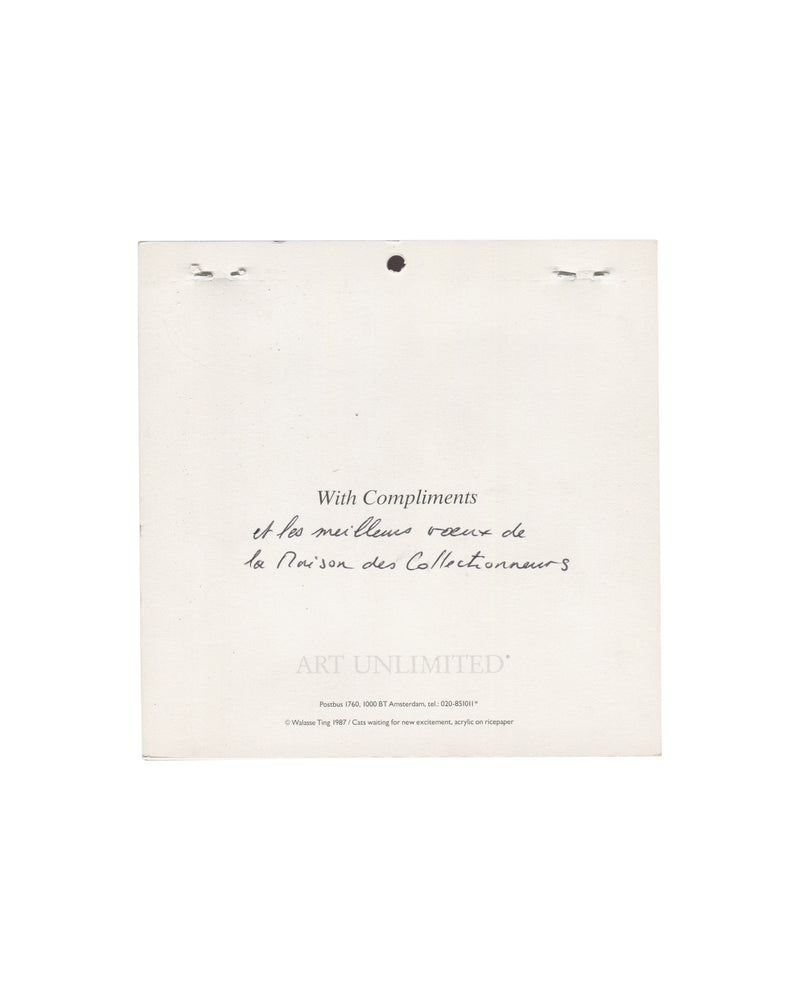 Walasse Ting, 1988 Calendar, Art Unlimited, verso, With Compliments slip, handwritten French New Year inscription, la Maison des Collectionneurs, copyright 1987